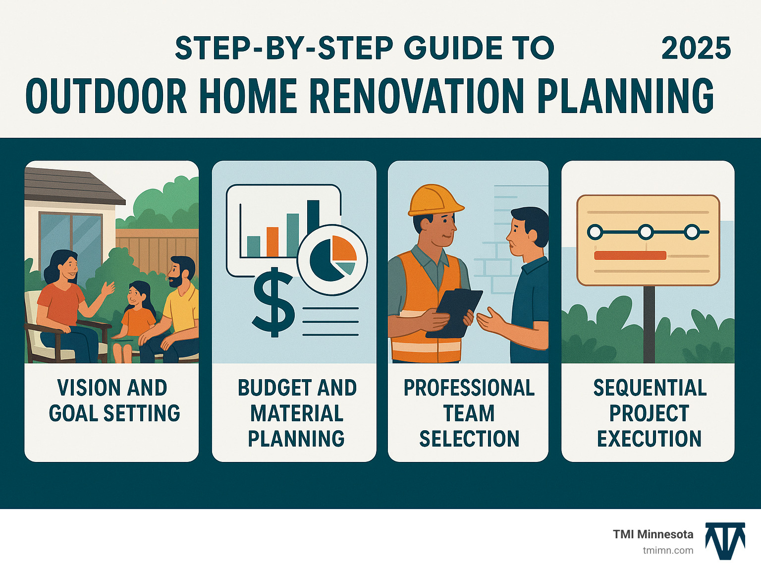 Comprehensive outdoor renovation planning process showing four key phases: Vision and Goal Setting with family gathering around outdoor space, Budget and Material Planning with cost analysis charts, Professional Team Selection with contractor consultation, and Sequential Project Execution with construction timeline - outdoor home renovation infographic 
