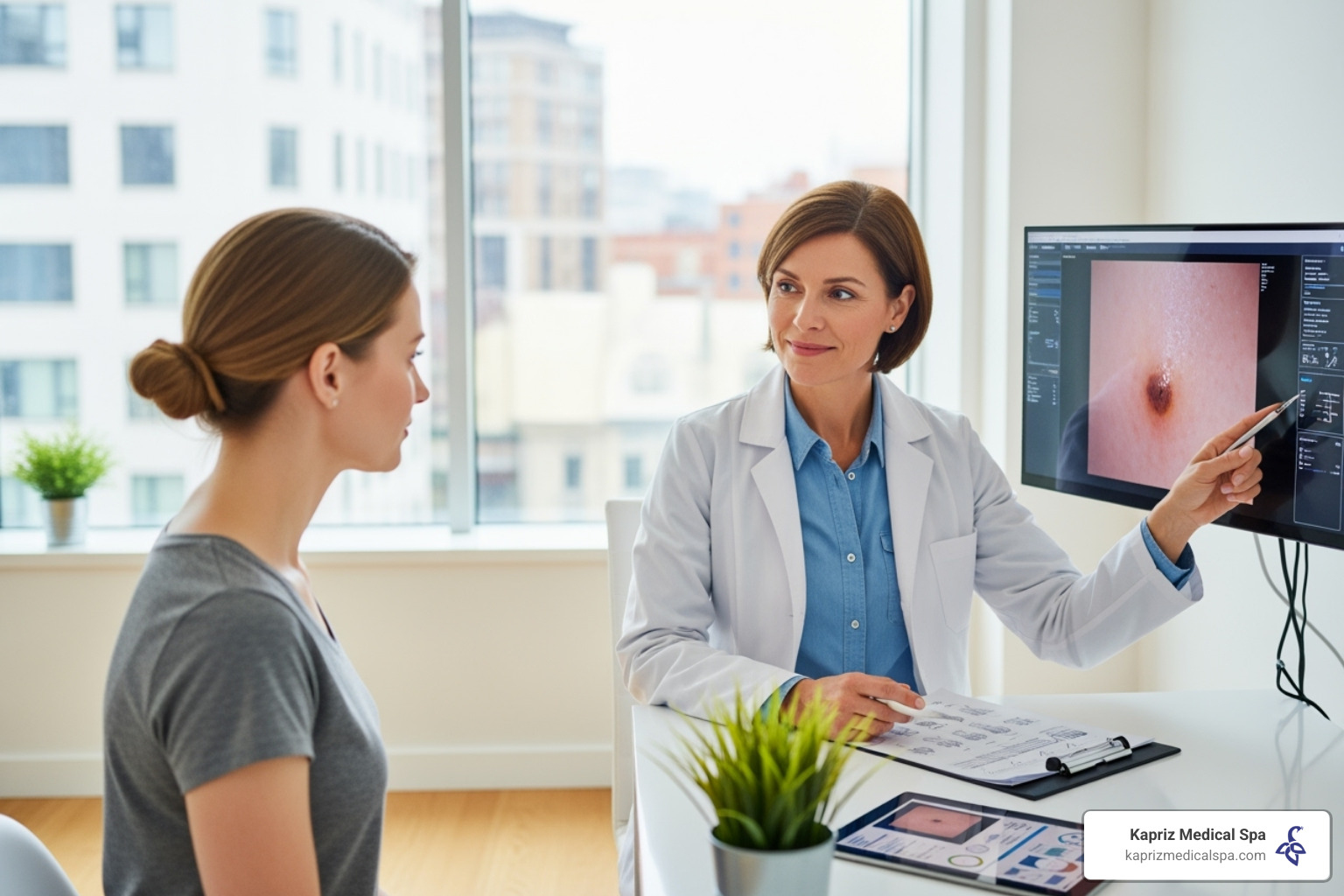 Image of a medical professional, possibly a dermatologist, consulting with a patient in a treatment room, discussing the CO2 laser procedure - co2 laser procedures Image of a medical professional, possibly a dermatologist, consulting with a patient in a treatment room, discussing the CO2 laser procedure - co2 laser procedures