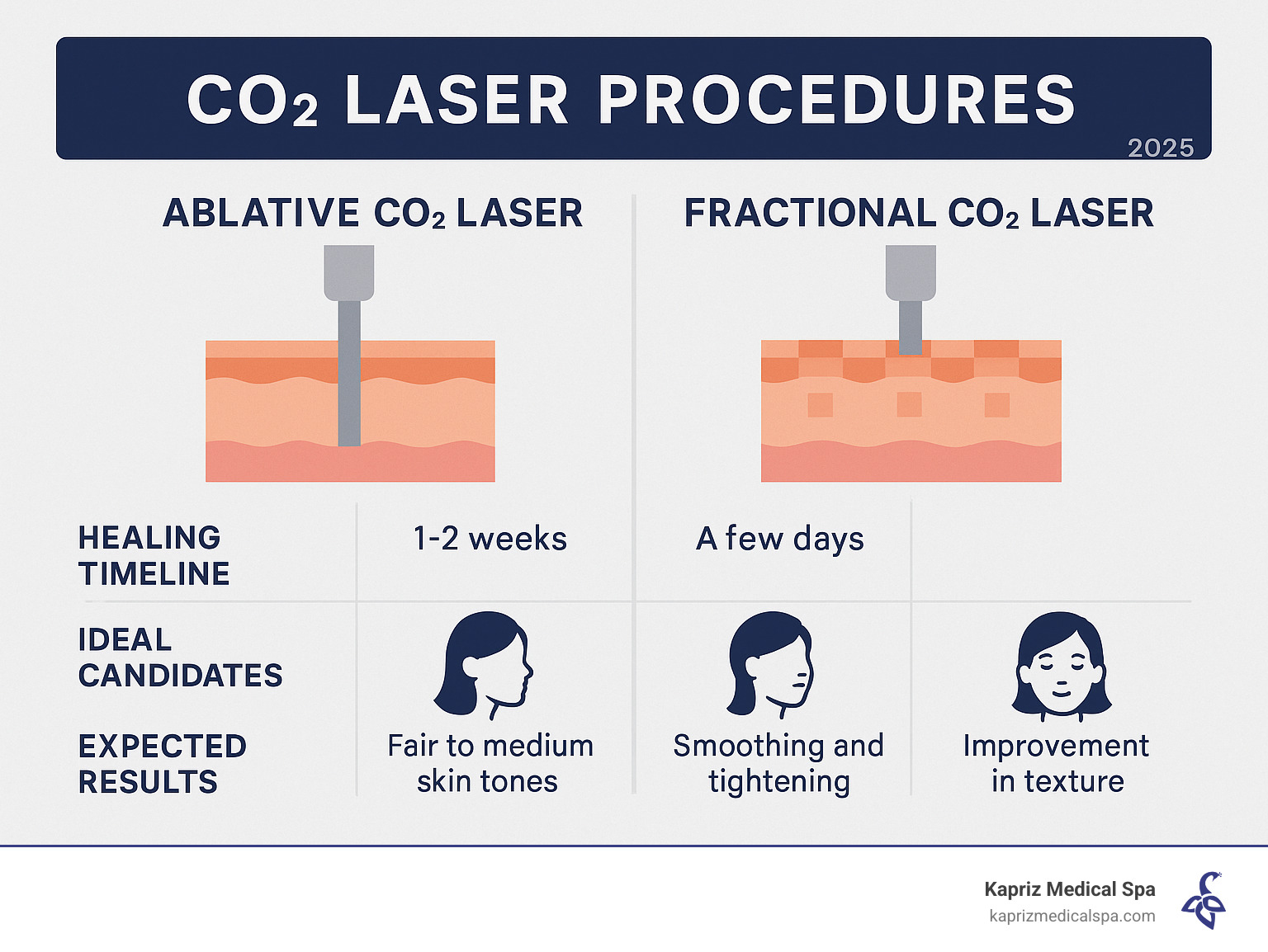 Detailed comparison infographic showing ablative CO2 laser removing entire skin surface layers versus fractional CO2 laser creating microscopic treatment columns, including healing timelines, ideal candidates, and expected results for each approach - co2 laser procedures infographic Detailed comparison infographic showing ablative CO2 laser removing entire skin surface layers versus fractional CO2 laser creating microscopic treatment columns, including healing timelines, ideal candidates, and expected results for each approach - co2 laser procedures infographic