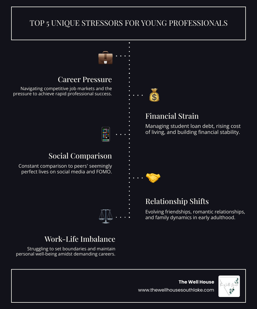 Infographic showing the top 5 unique stressors for today's young professionals: career pressure and job market competition, financial stress including student loan debt, social media comparison and FOMO, relationship changes and shifting friendships, and work-life balance challenges in demanding careers - therapy for young professionals infographic infographic-line-5-steps-dark Infographic showing the top 5 unique stressors for today's young professionals: career pressure and job market competition, financial stress including student loan debt, social media comparison and FOMO, relationship changes and shifting friendships, and work-life balance challenges in demanding careers - therapy for young professionals infographic infographic-line-5-steps-dark