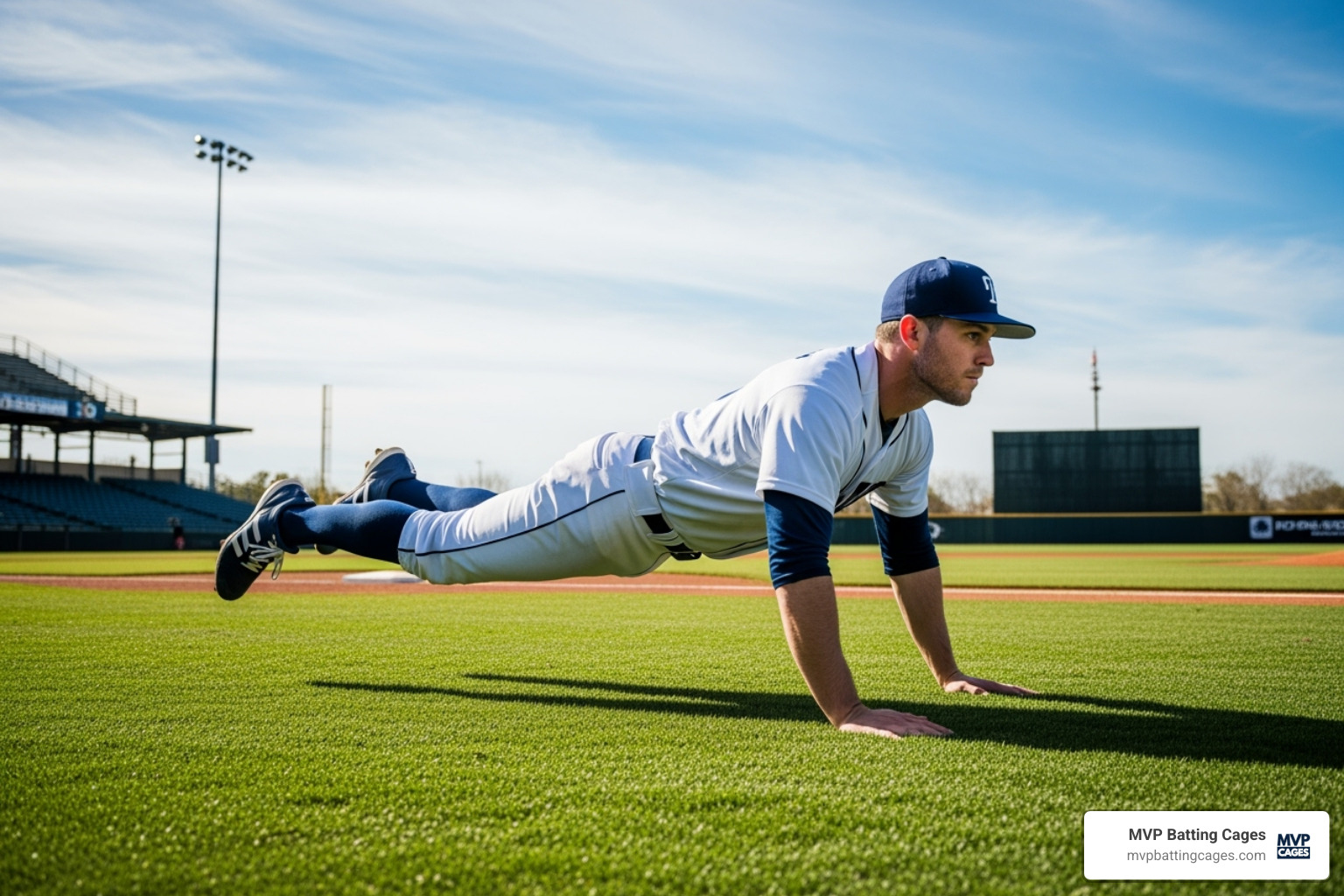A baseball player performing a falling start drill - baseball speed training A baseball player performing a falling start drill - baseball speed training
