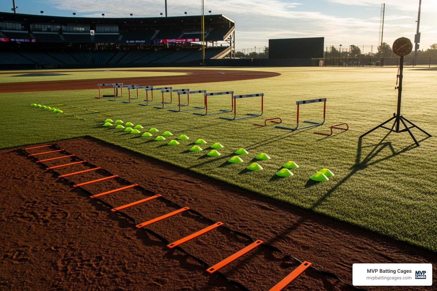 Various speed and agility drills set up on a baseball field - baseball speed training Various speed and agility drills set up on a baseball field - baseball speed training