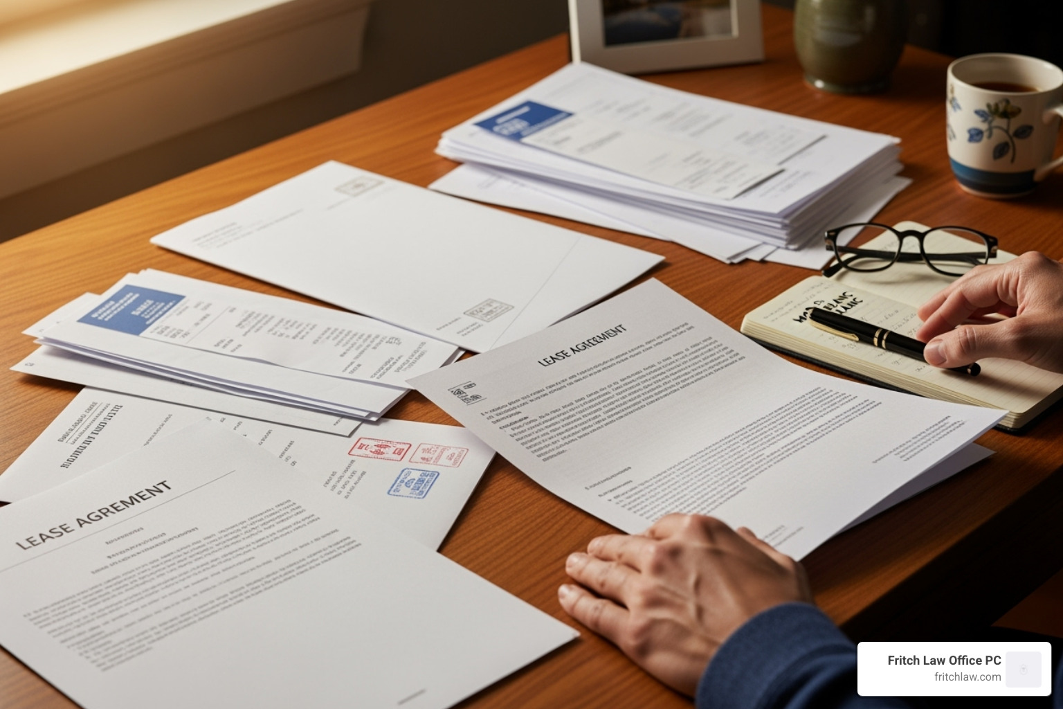 person organizing documents like a lease and letters on a desk - free tenant lawyer consultation person organizing documents like a lease and letters on a desk - free tenant lawyer consultation