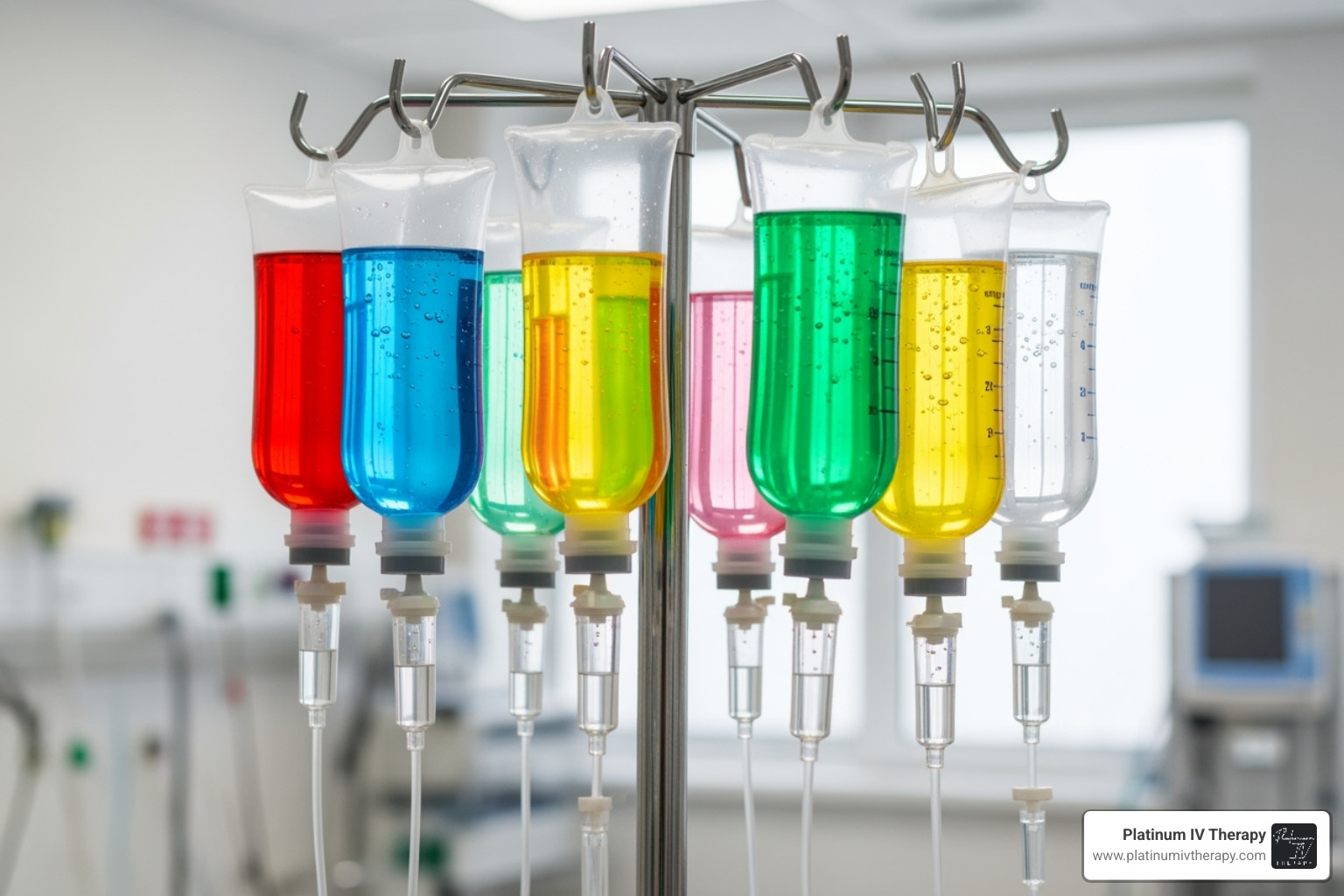 various colorful IV bags hanging, representing different formulas - mobile IV therapy