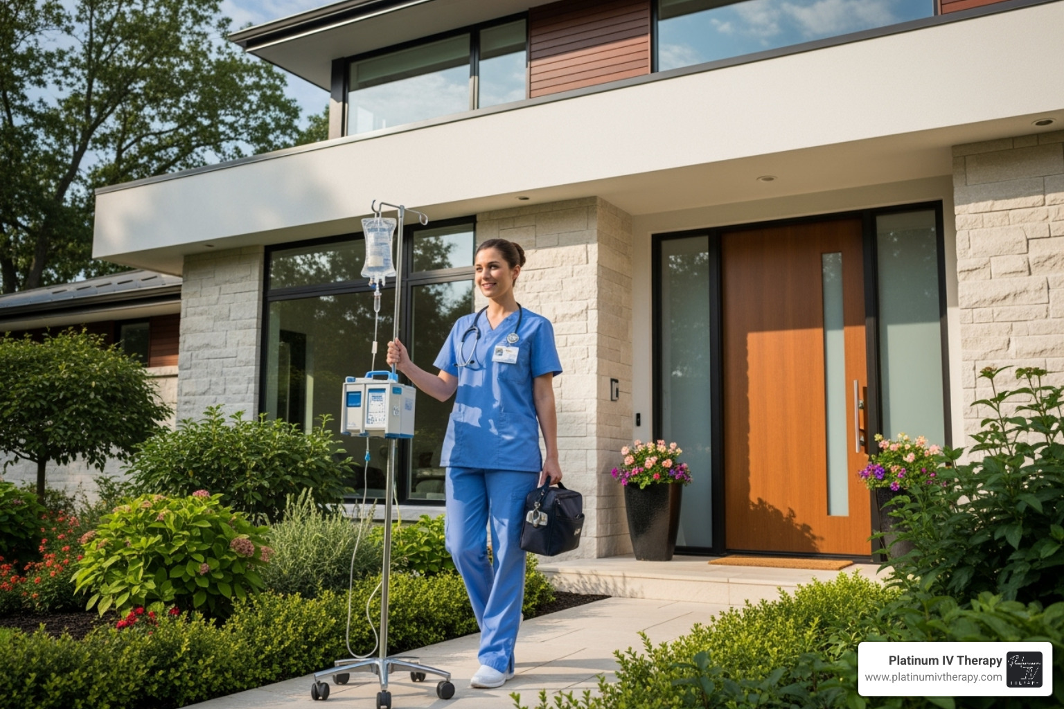 professional nurse with an IV kit arriving at a modern home - mobile IV therapy