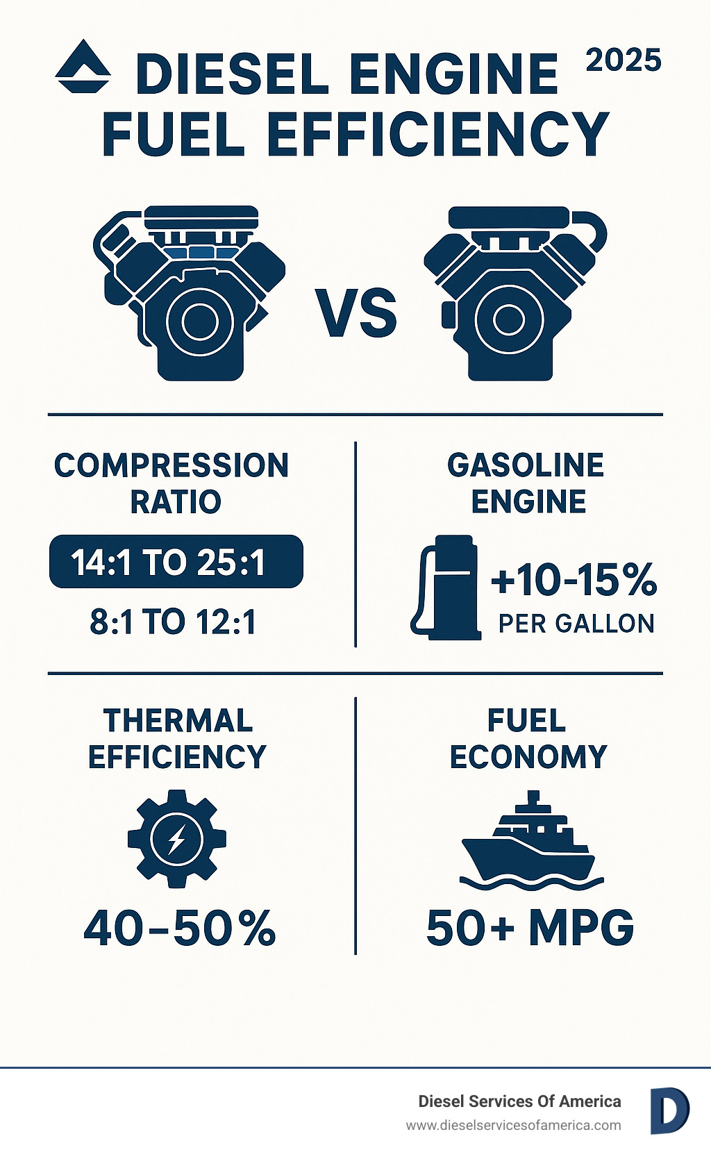 Infographic showing diesel vs gasoline engine efficiency comparison with compression ratios, energy density, thermal efficiency percentages, and real-world fuel economy differences for marine and industrial applications - Diesel engine fuel efficiency infographic 