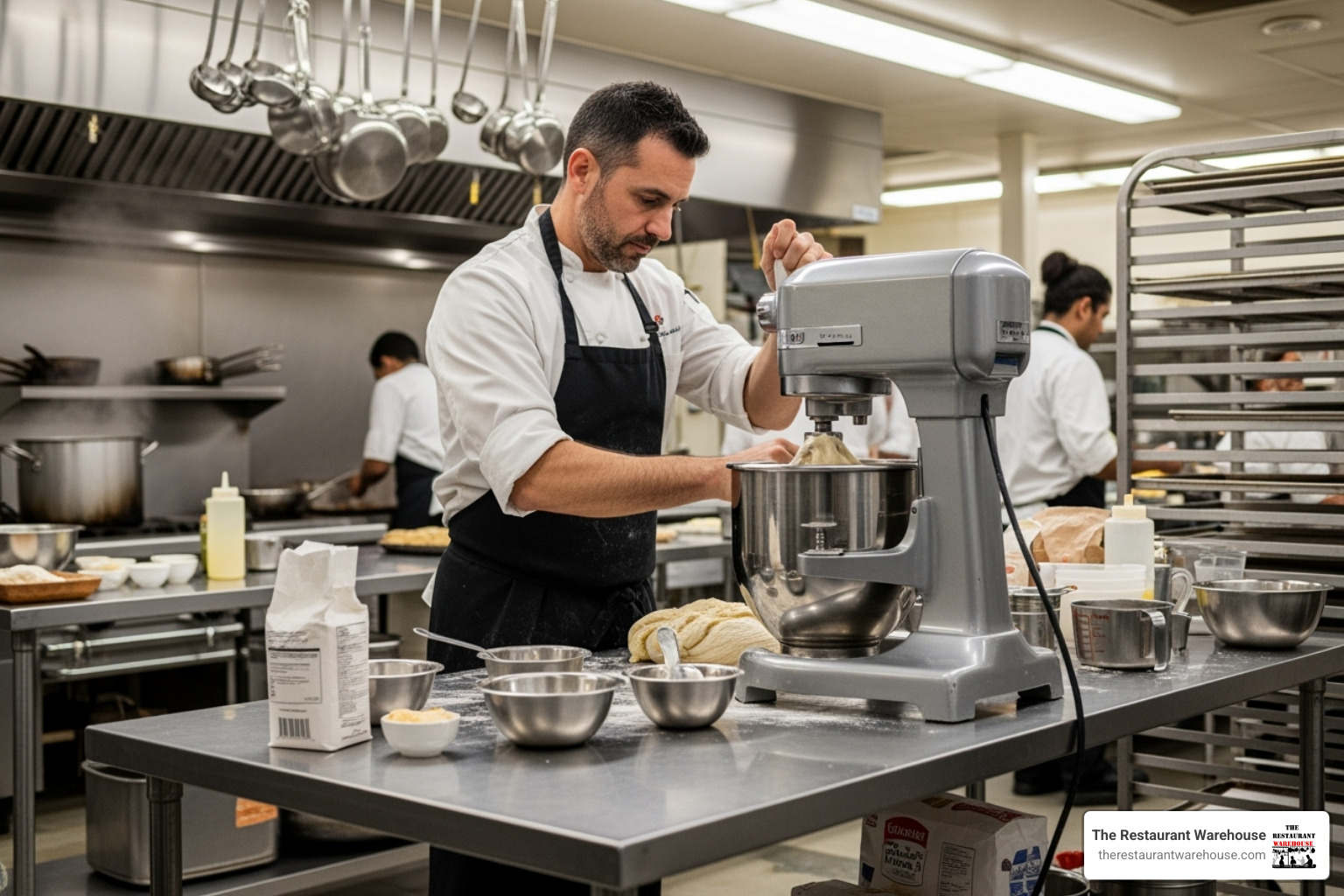 Chef using commercial stand mixer - commercial food service equipment Chef using commercial stand mixer - commercial food service equipment