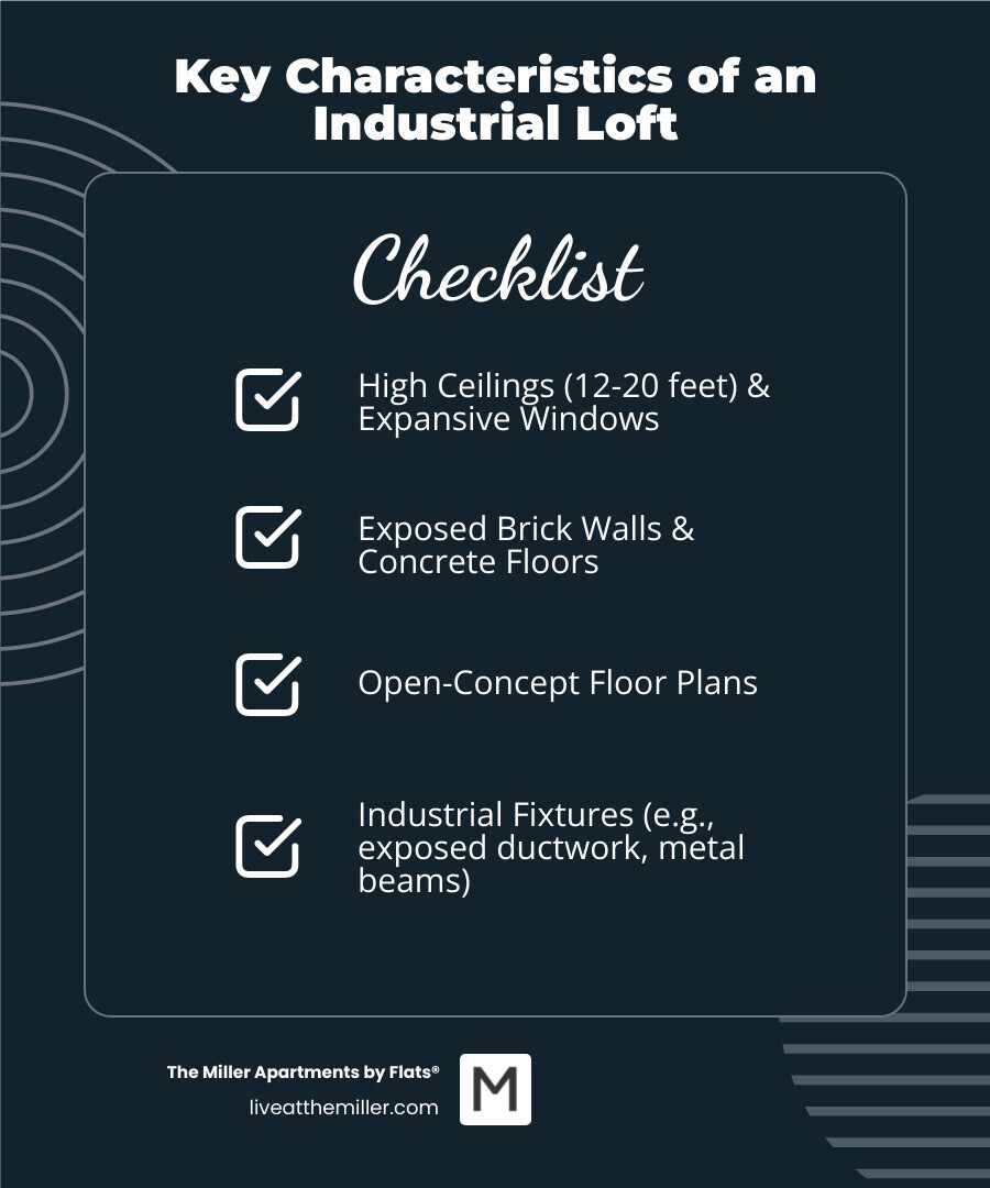 Infographic showing industrial loft characteristics including high ceilings 12-20 feet, large windows, exposed brick walls, concrete floors, open floor plans, and industrial fixtures like exposed ductwork and metal beams - industrial loft for rent infographic checklist-dark-blue Infographic showing industrial loft characteristics including high ceilings 12-20 feet, large windows, exposed brick walls, concrete floors, open floor plans, and industrial fixtures like exposed ductwork and metal beams - industrial loft for rent infographic checklist-dark-blue