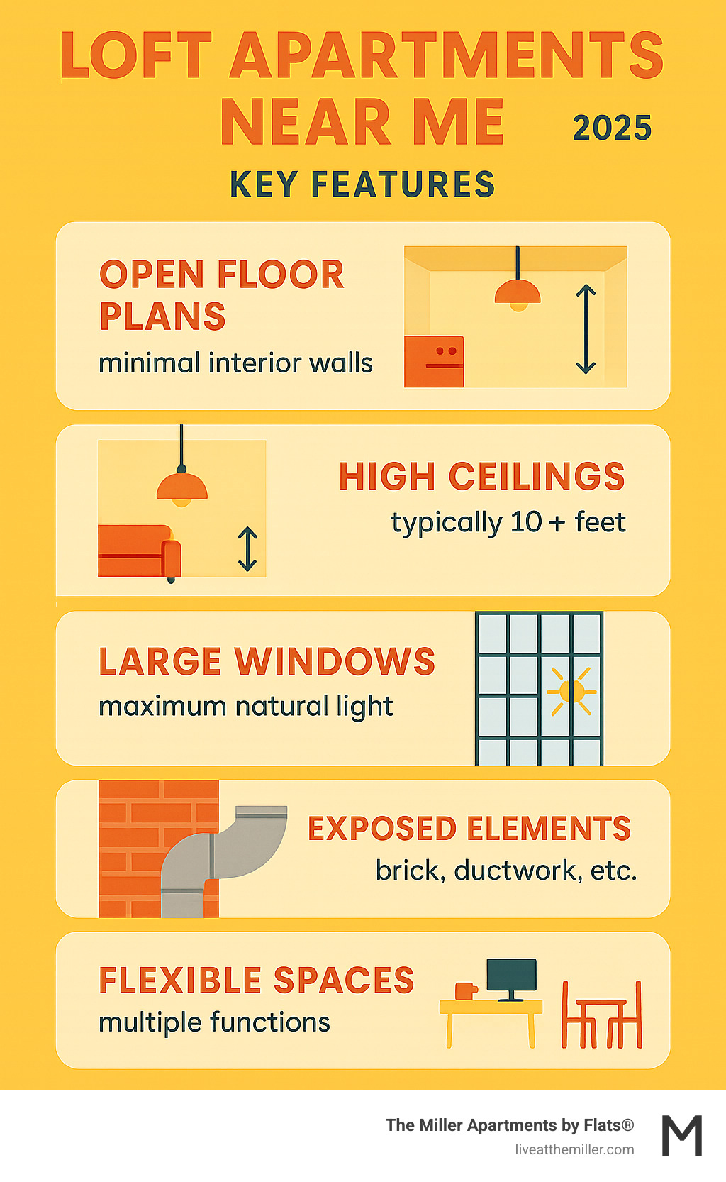 Infographic showing the 5 key characteristics of loft apartments: open floor plans with minimal interior walls, high ceilings typically 10+ feet, large industrial-style windows for maximum natural light, exposed architectural elements like brick walls and ductwork, and flexible spaces that can serve multiple functions - loft apartments near me infographic Infographic showing the 5 key characteristics of loft apartments: open floor plans with minimal interior walls, high ceilings typically 10+ feet, large industrial-style windows for maximum natural light, exposed architectural elements like brick walls and ductwork, and flexible spaces that can serve multiple functions - loft apartments near me infographic