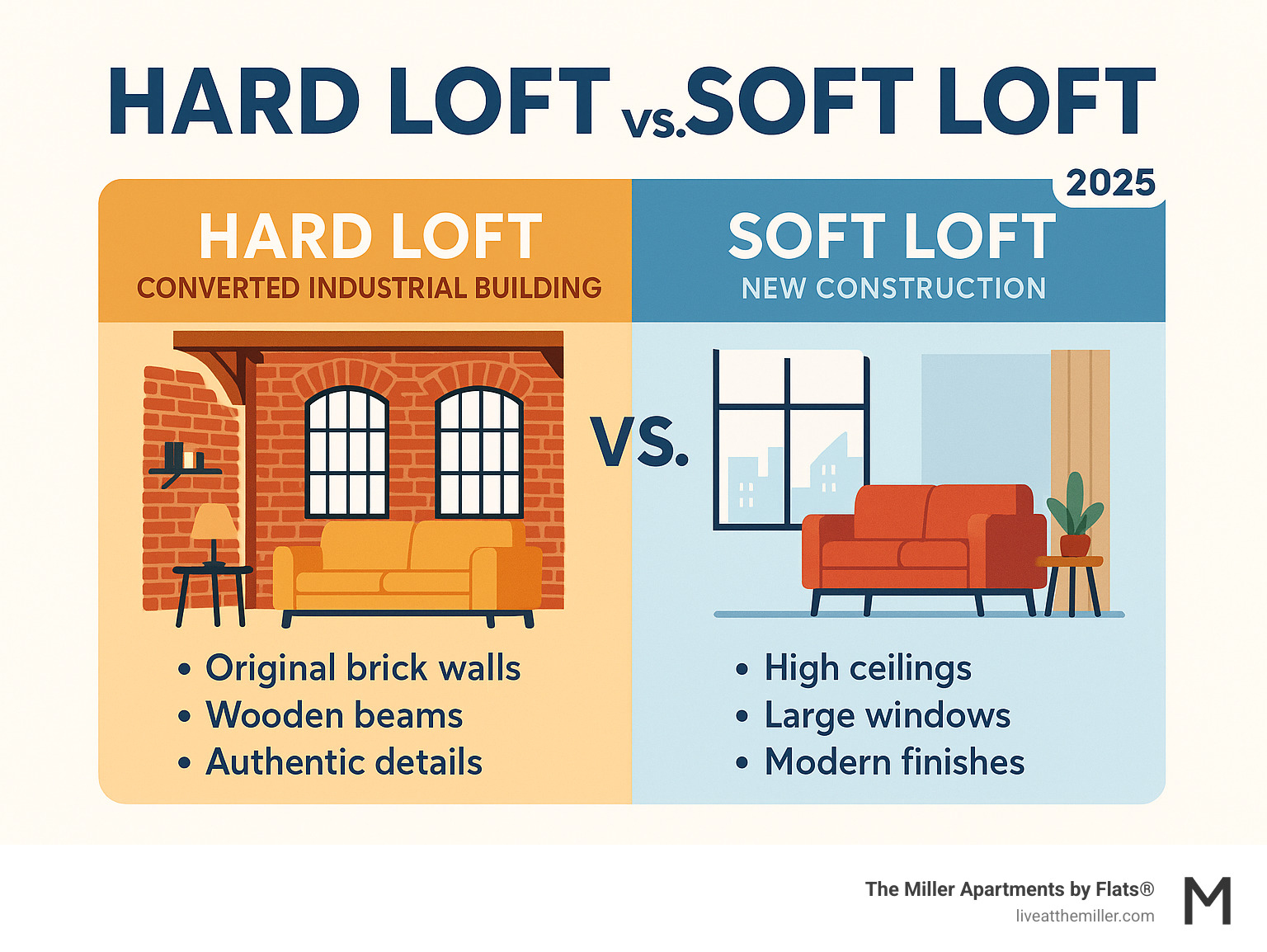 Infographic showing the key differences between Hard Lofts (converted industrial buildings with original brick walls, wooden beams, and authentic architectural details) and Soft Lofts (new construction with loft-inspired features like high ceilings, large windows, and modern finishes) - loft apartment near me infographic Infographic showing the key differences between Hard Lofts (converted industrial buildings with original brick walls, wooden beams, and authentic architectural details) and Soft Lofts (new construction with loft-inspired features like high ceilings, large windows, and modern finishes) - loft apartment near me infographic