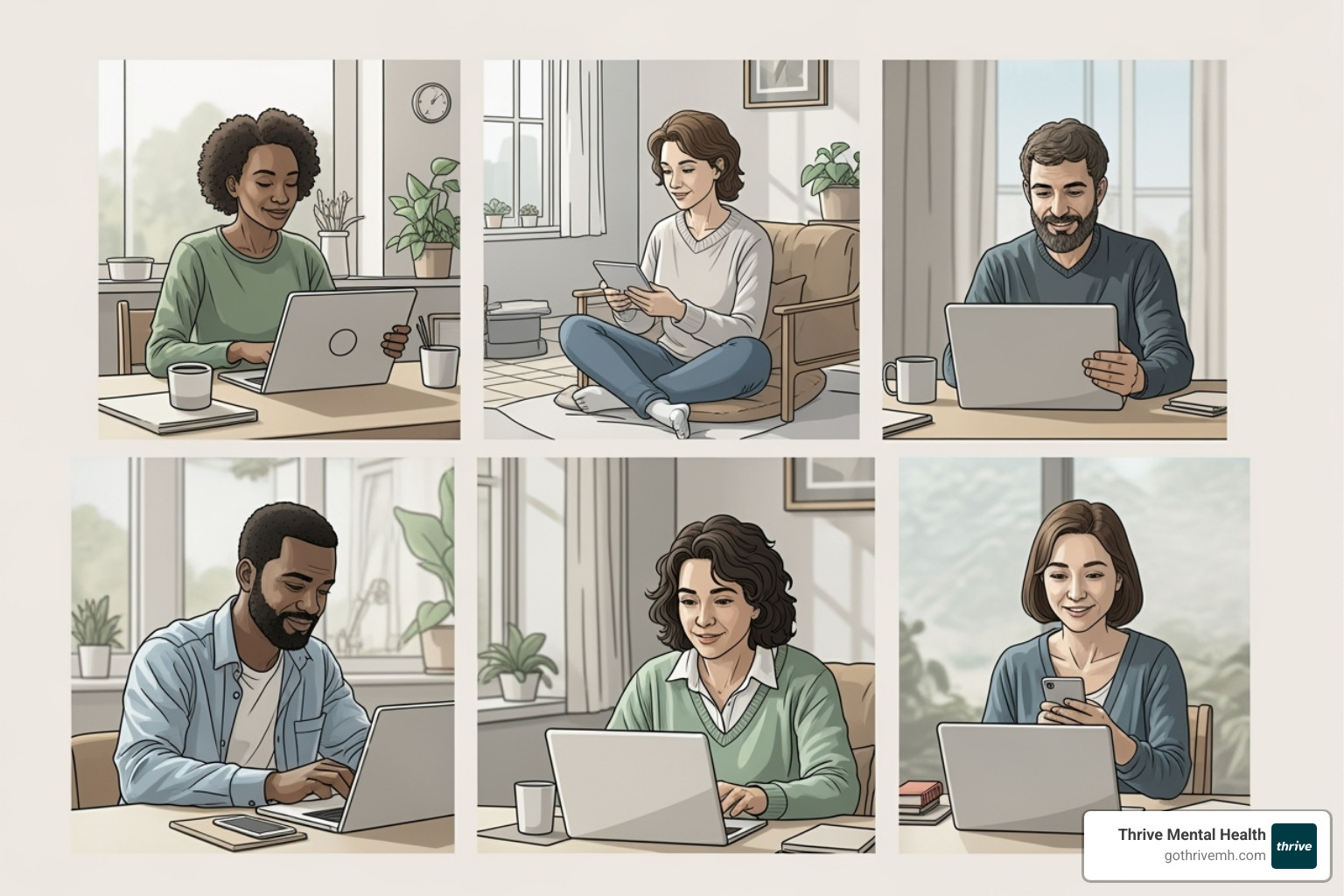 A diverse group of people, each in a calm setting, connecting with their therapists on various devices like laptops, tablets, and smartphones, emphasizing accessibility and modern support. - online therapy for stress