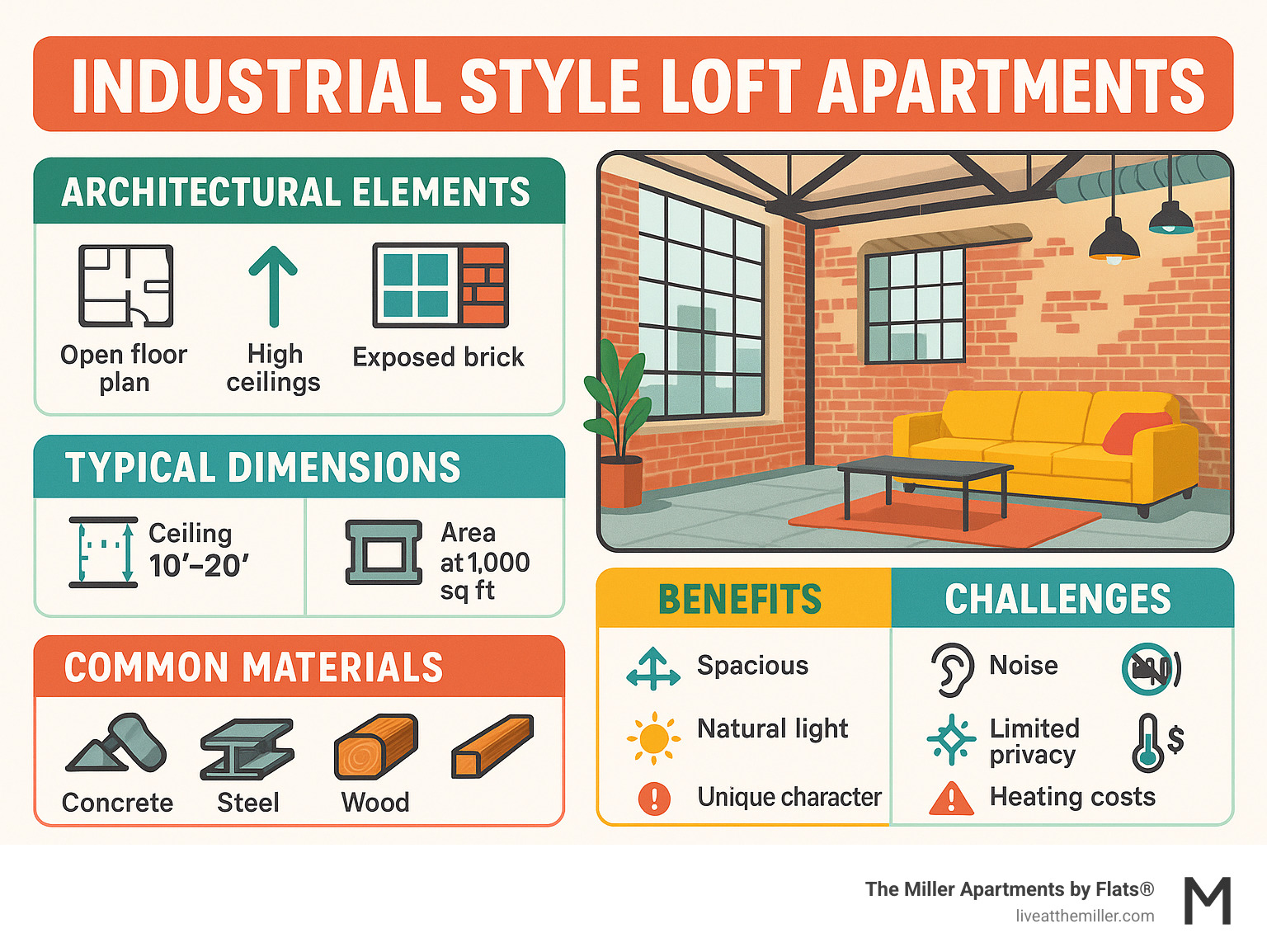Comprehensive breakdown of industrial loft apartment features including architectural elements, typical dimensions, common materials, and lifestyle benefits versus challenges - industrial style loft apartments infographic 