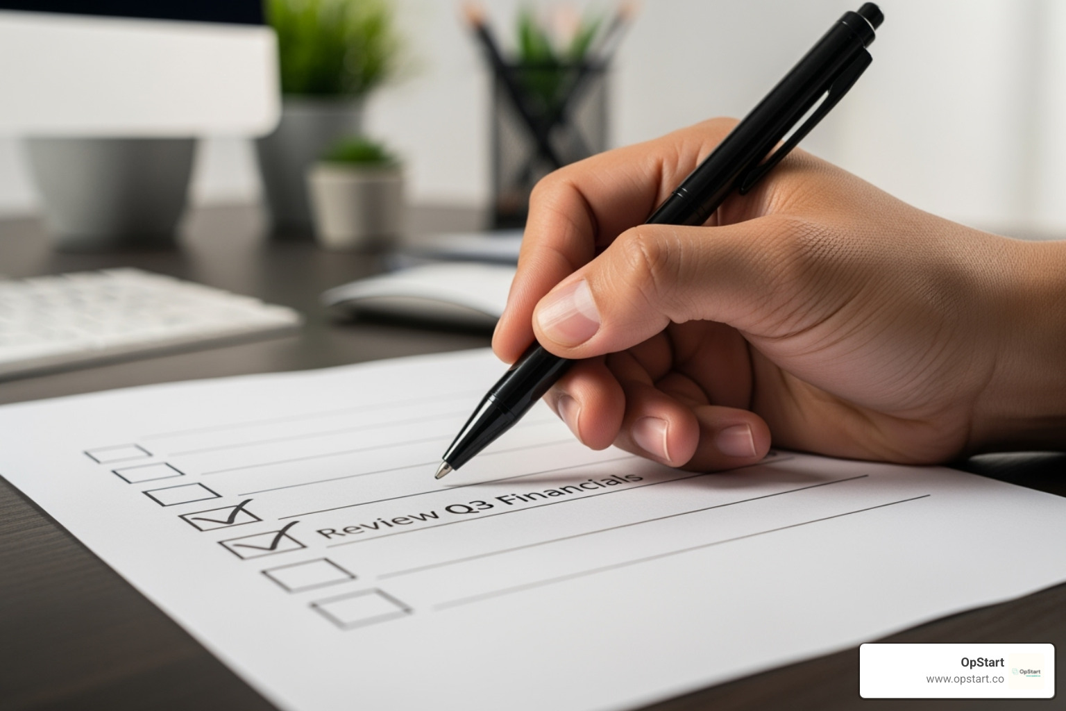 A checklist with items like "Market Research" and "Legal Fees" ticked off - business startup tax deductions