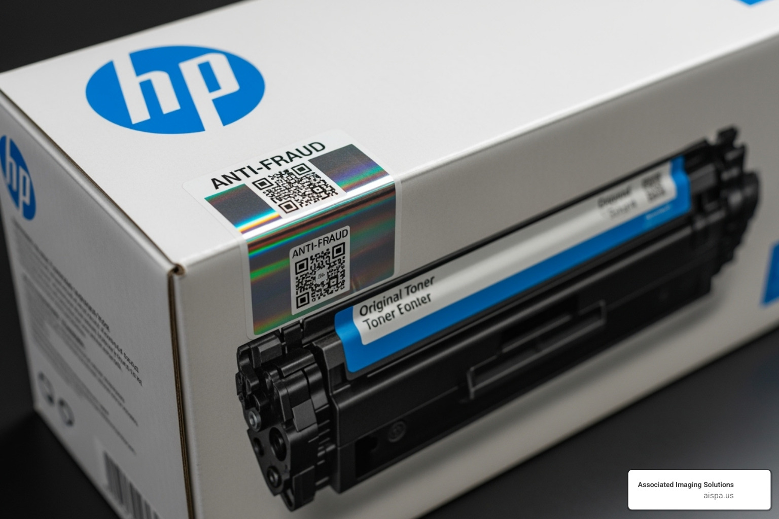 A genuine HP toner cartridge in its packaging, clearly showing the HP logo and anti-fraud label - hp toner