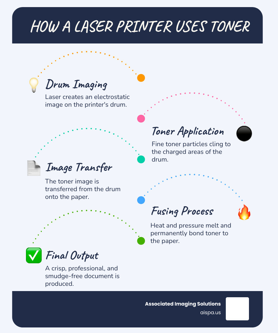 Infographic showing the laser printing process: 1) Laser creates electrostatic image on drum, 2) Toner powder adheres to charged areas, 3) Paper passes through heated fuser, 4) Toner melts and bonds permanently to paper - hp toner infographic infographic-line-5-steps-blues-accent_colors