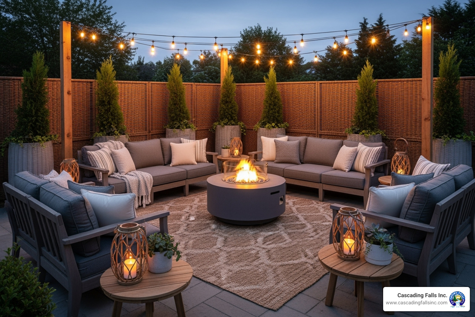 Cozy outdoor living space with a fire pit, comfortable seating, and integrated privacy screens - backyard oasis builders