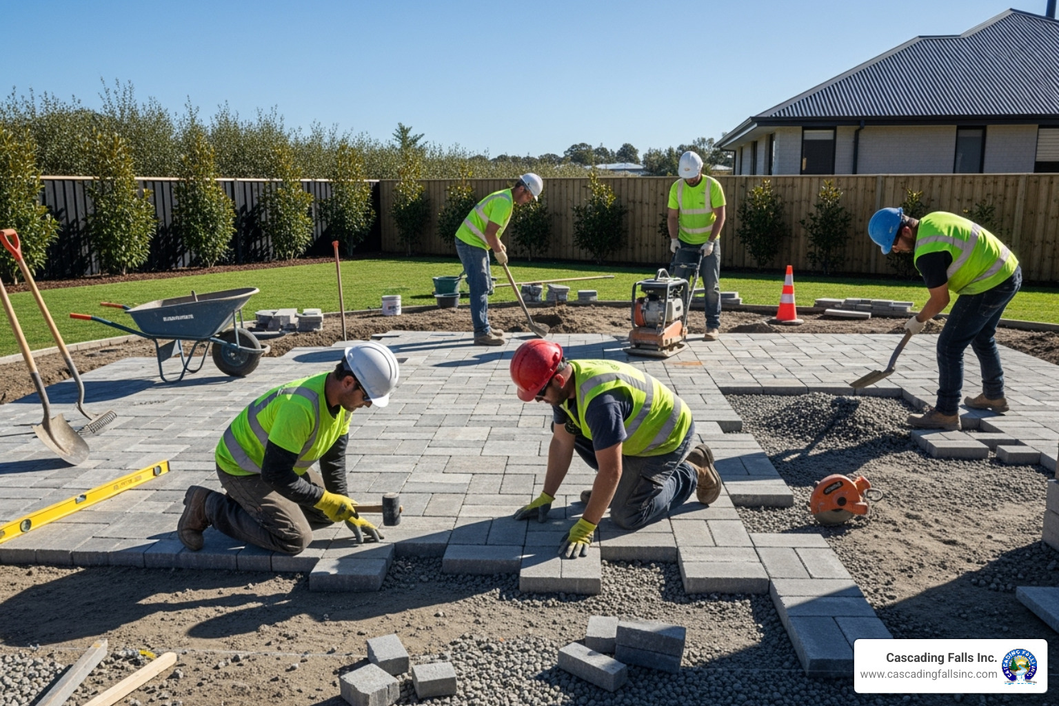 Professional construction crew installing a large stone patio - backyard oasis builders