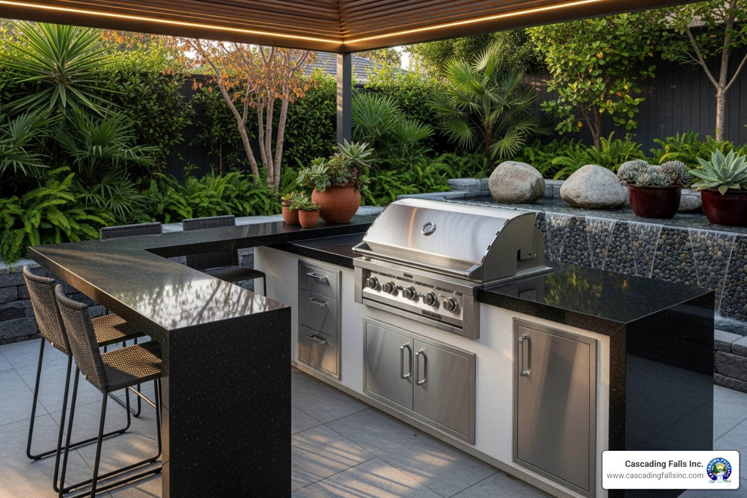 Modern outdoor kitchen with a built-in grill and stone countertops - backyard oasis builders