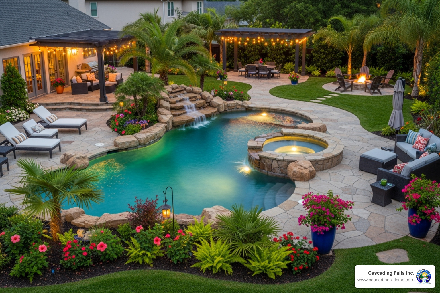 3D landscape design rendering on a tablet, showing a future backyard project - backyard oasis builders