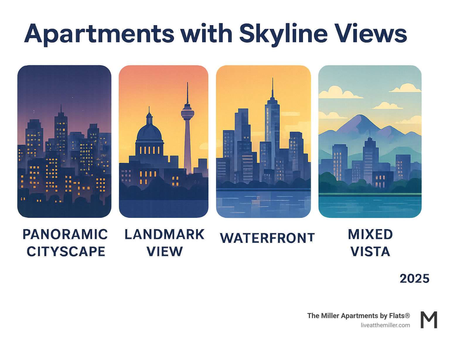 Infographic showing four types of apartment skyline views: panoramic cityscape with multiple buildings and lights, landmark view focusing on specific iconic structures, waterfront view combining city skyline with river or lake, and mixed vista featuring both urban elements and natural backdrops like mountains - apartments with skyline views infographic Infographic showing four types of apartment skyline views: panoramic cityscape with multiple buildings and lights, landmark view focusing on specific iconic structures, waterfront view combining city skyline with river or lake, and mixed vista featuring both urban elements and natural backdrops like mountains - apartments with skyline views infographic