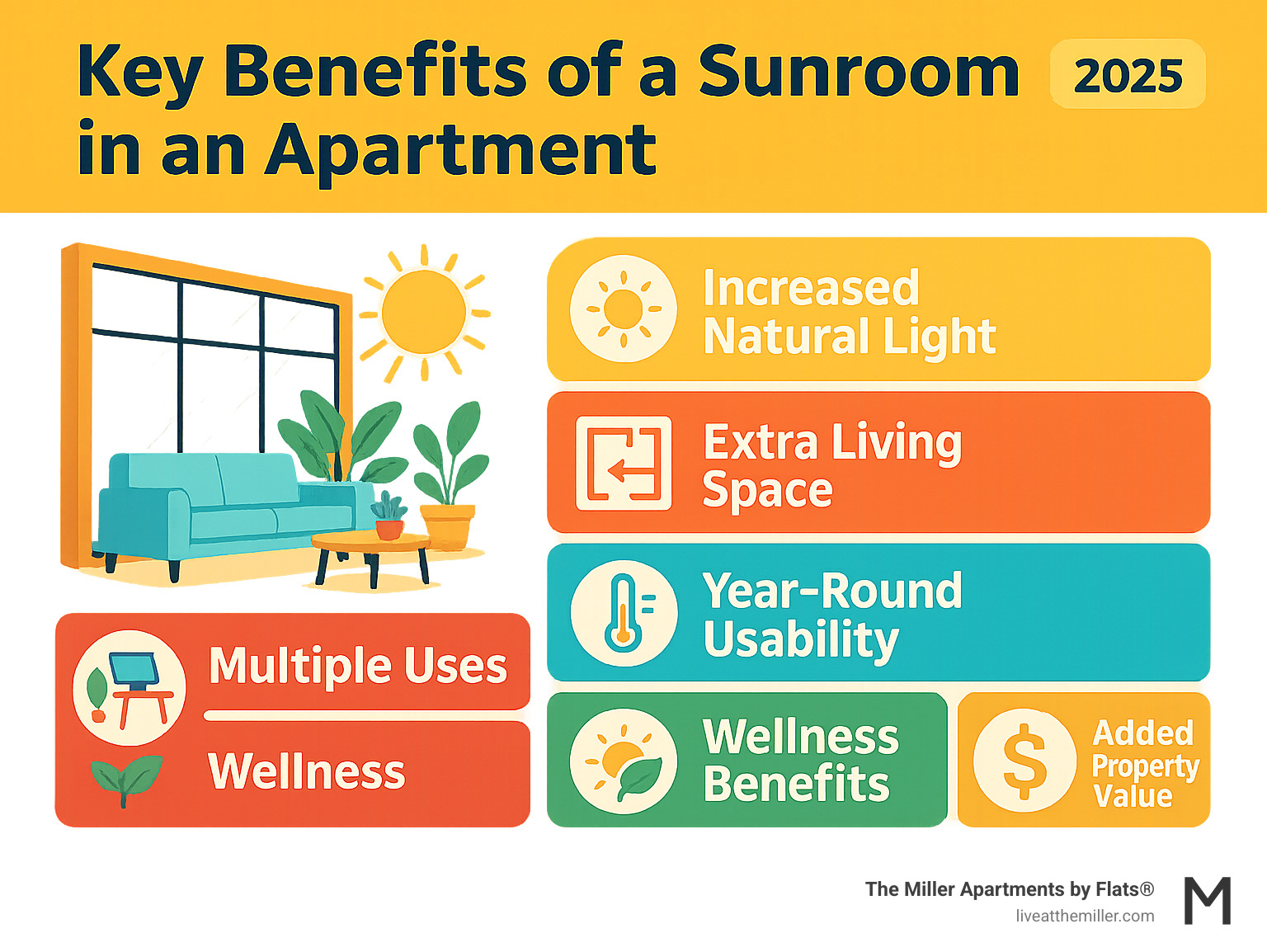 Infographic showing the key benefits of having a sunroom in an apartment including increased natural light, extra living space, year-round usability, multiple function options like home office or plant room, wellness benefits from vitamin D and nature connection, and added property value - 2 bedroom apartments with sunroom infographic 