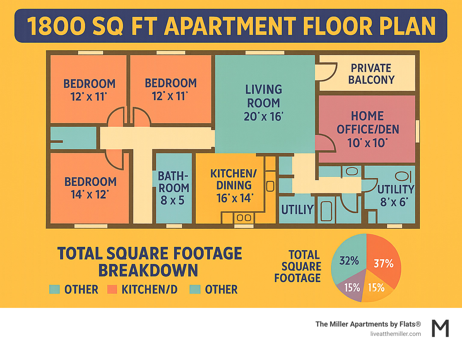 Infographic showing typical 1800 sq ft apartment layout with 3 bedrooms, 2 bathrooms, large living area, kitchen with dining space, home office/den area, utility room, and private balcony with room dimensions and total square footage breakdown - 1800 sq ft apartment floor plan infographic 