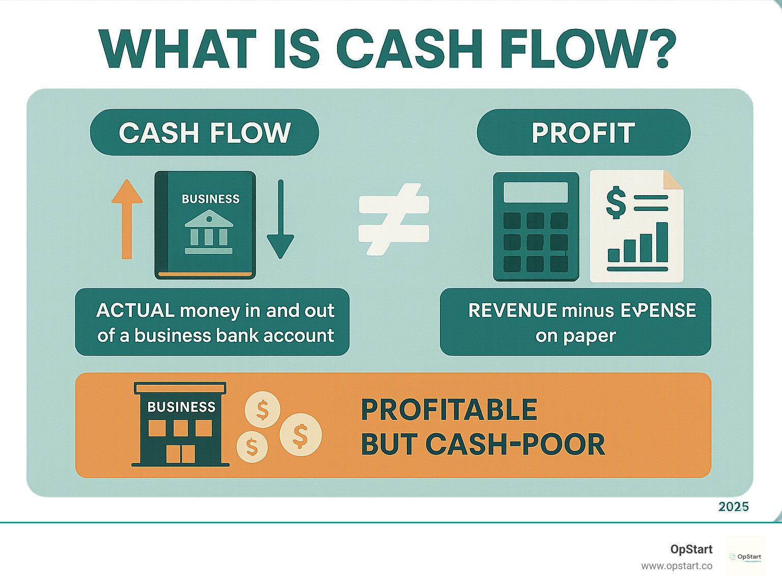 Infographic showing the fundamental difference between cash flow and profit, with cash flow representing actual money movement in and out of a business bank account versus profit showing the accounting difference between revenue and expenses on paper, including examples of how a business can be profitable but cash-poor - what is cashflow infographic 