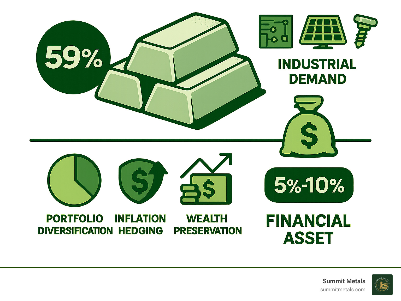 Comprehensive infographic showing silver's dual role as both an industrial commodity used in electronics, solar panels, and medical devices, alongside its function as a financial asset for portfolio diversification, inflation hedging, and wealth preservation, with statistics on industrial demand percentages and investment allocation recommendations - silver investment strategies infographic 