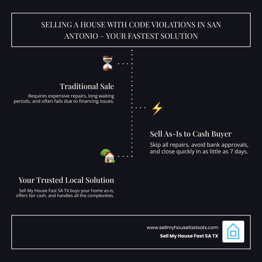 Selling a House with Code Violations in San Antonio - Your Fastest Solution showing three options: traditional sale with months of delays and repair costs, selling as-is for cash with quick 7-day closing and no repairs needed, and highlighting Sell My House Fast SA TX as the trusted local solution - can you sell a house with code violations infographic infographic-line-3-steps-dark