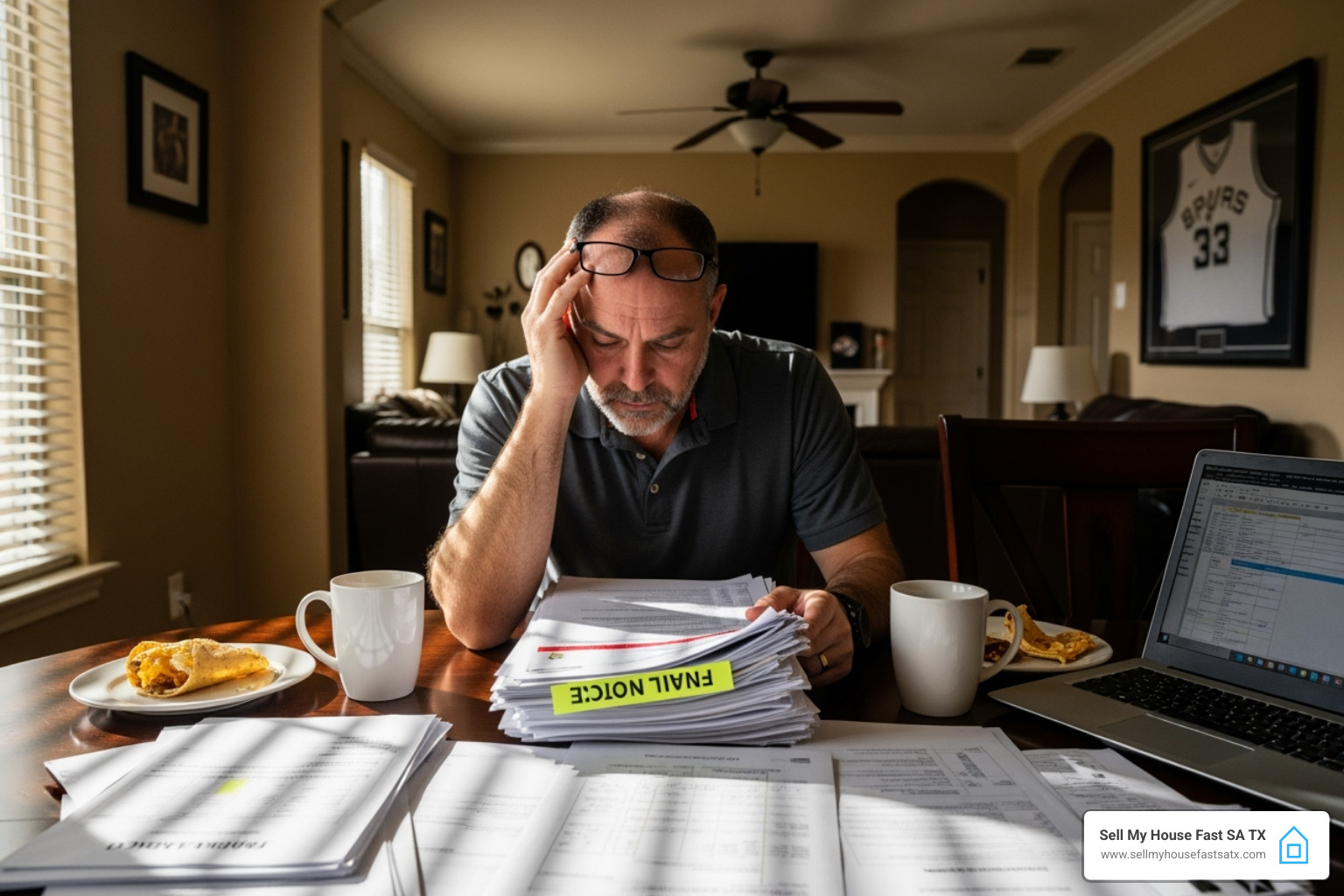 Stressed San Antonio homeowner reviewing repair bids - can you sell a house with code violations