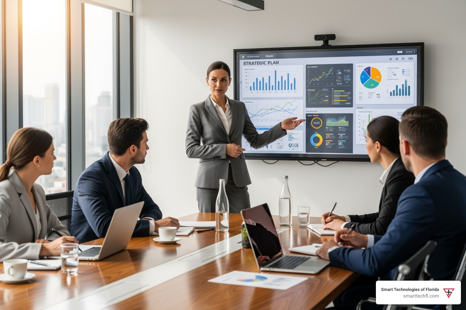 of a business leader presenting a strategic plan to their team - technology and business communication