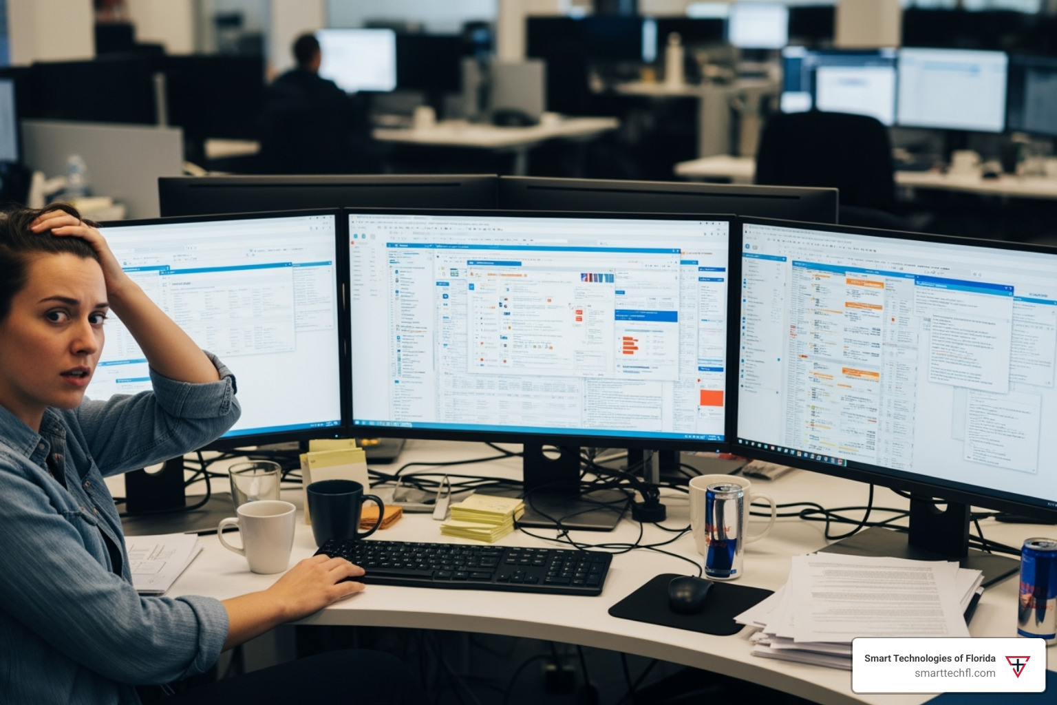 of a stressed employee looking at multiple screens with notifications - technology and business communication