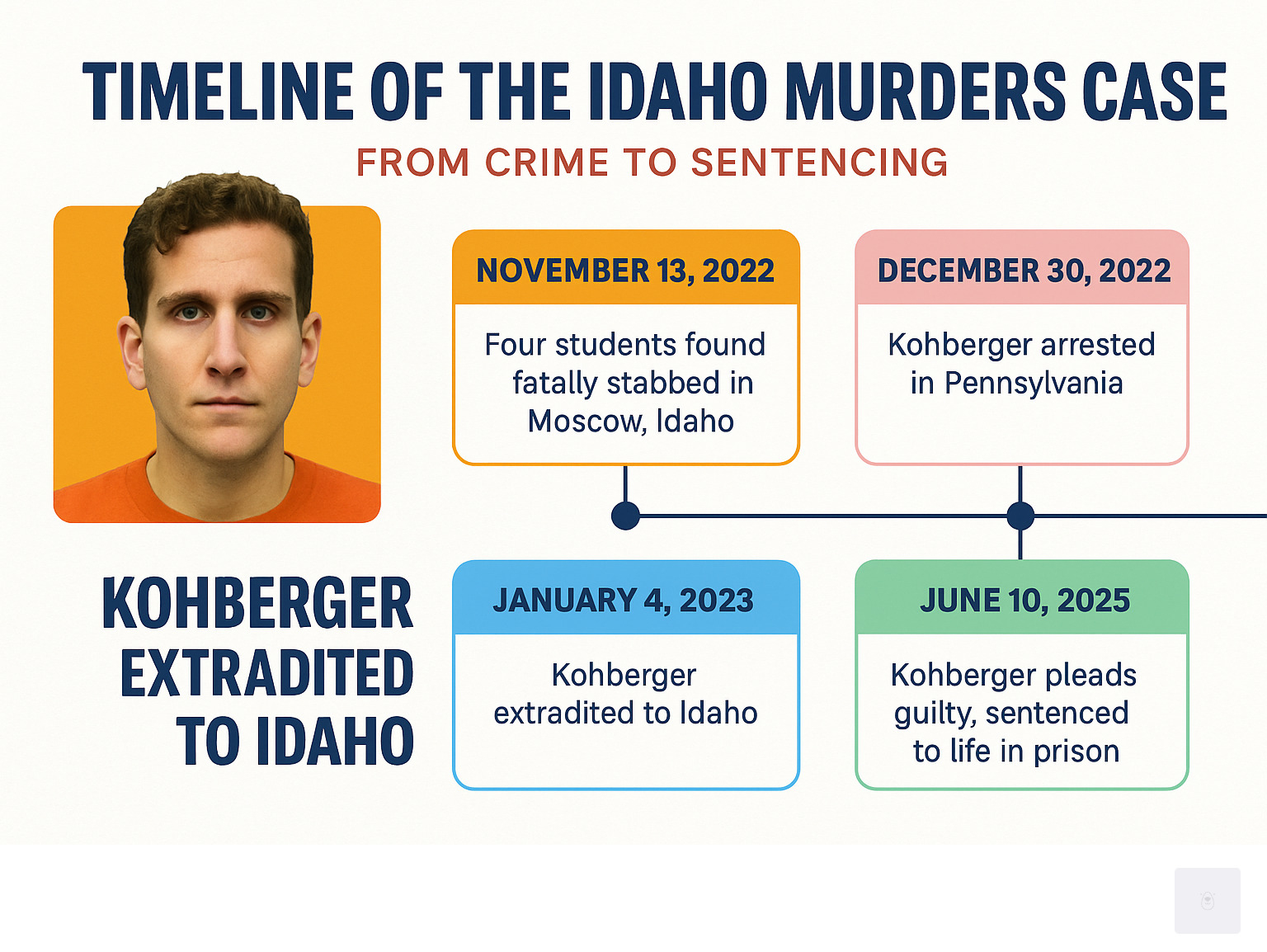 Timeline of the Idaho Murders Case from crime to sentencing - Bryan Kohberger infographic 