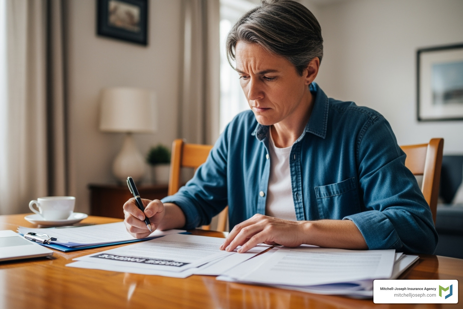Image of a homeowner reviewing an insurance policy with a pen, looking concerned but determined - Condo insurance replacement cost