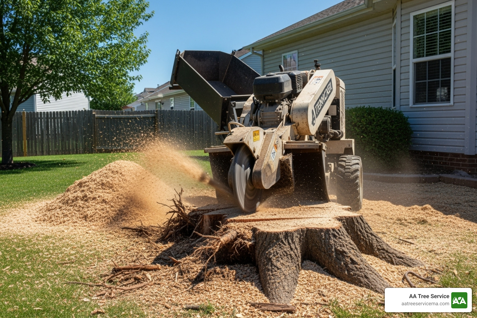 Image of a stump grinder turning a tree stump into wood chips - Residential tree removal services Image of a stump grinder turning a tree stump into wood chips - Residential tree removal services