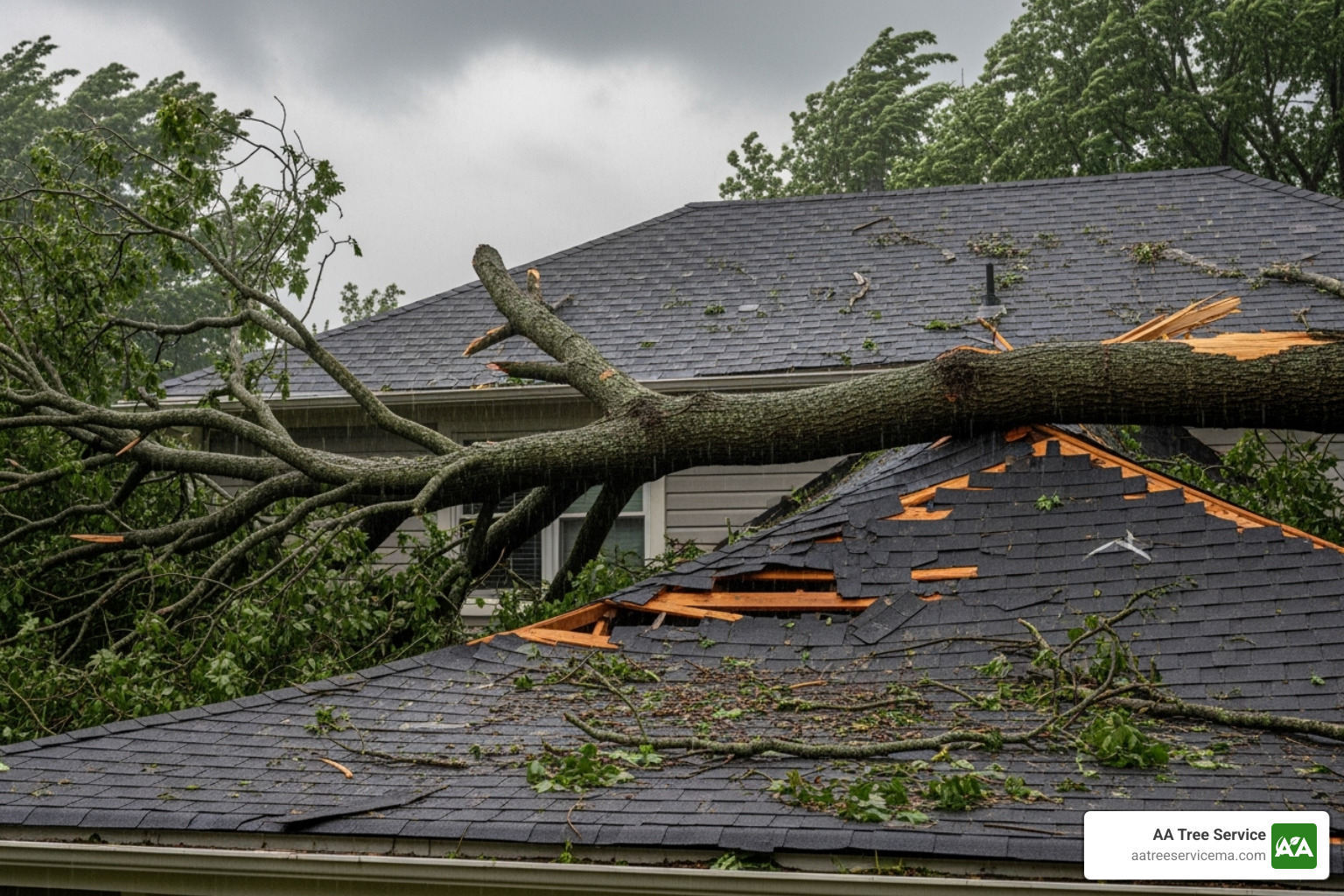 Image of a large tree branch that has fallen on a roof during a storm - Residential tree removal services Image of a large tree branch that has fallen on a roof during a storm - Residential tree removal services