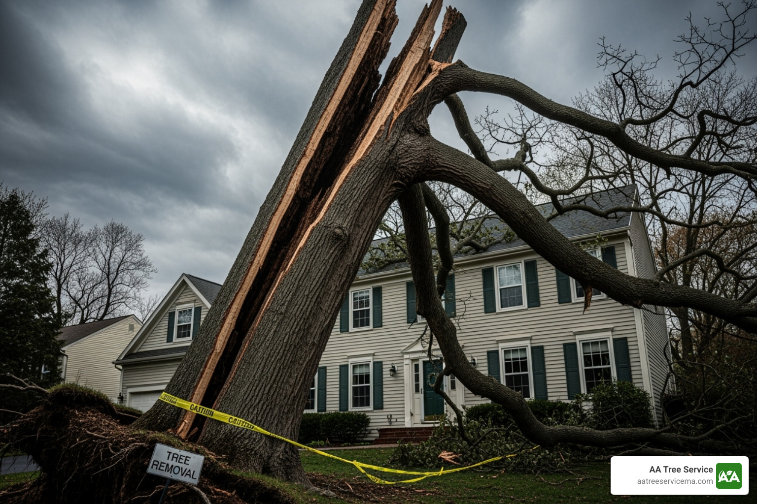 Image of a large tree with a visible crack in the trunk leaning towards a house - Residential tree removal services Image of a large tree with a visible crack in the trunk leaning towards a house - Residential tree removal services