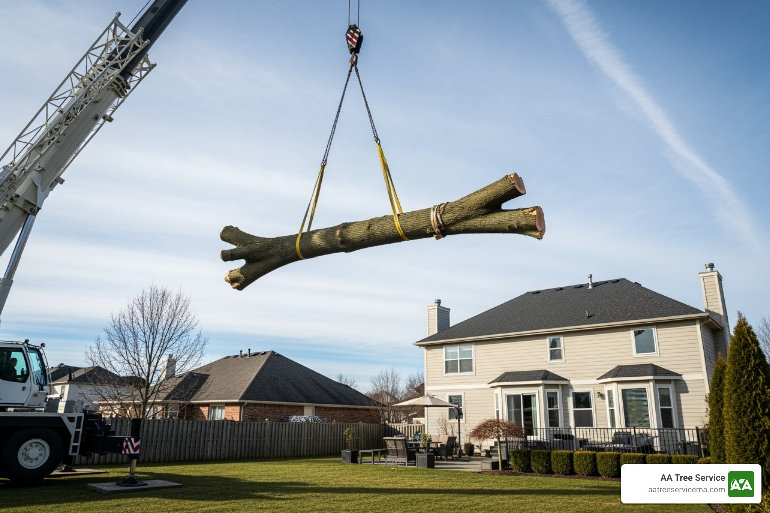 Image of a tree service crew using a crane to remove a large large tree from a backyard - Residential tree removal services Image of a tree service crew using a crane to remove a large large tree from a backyard - Residential tree removal services