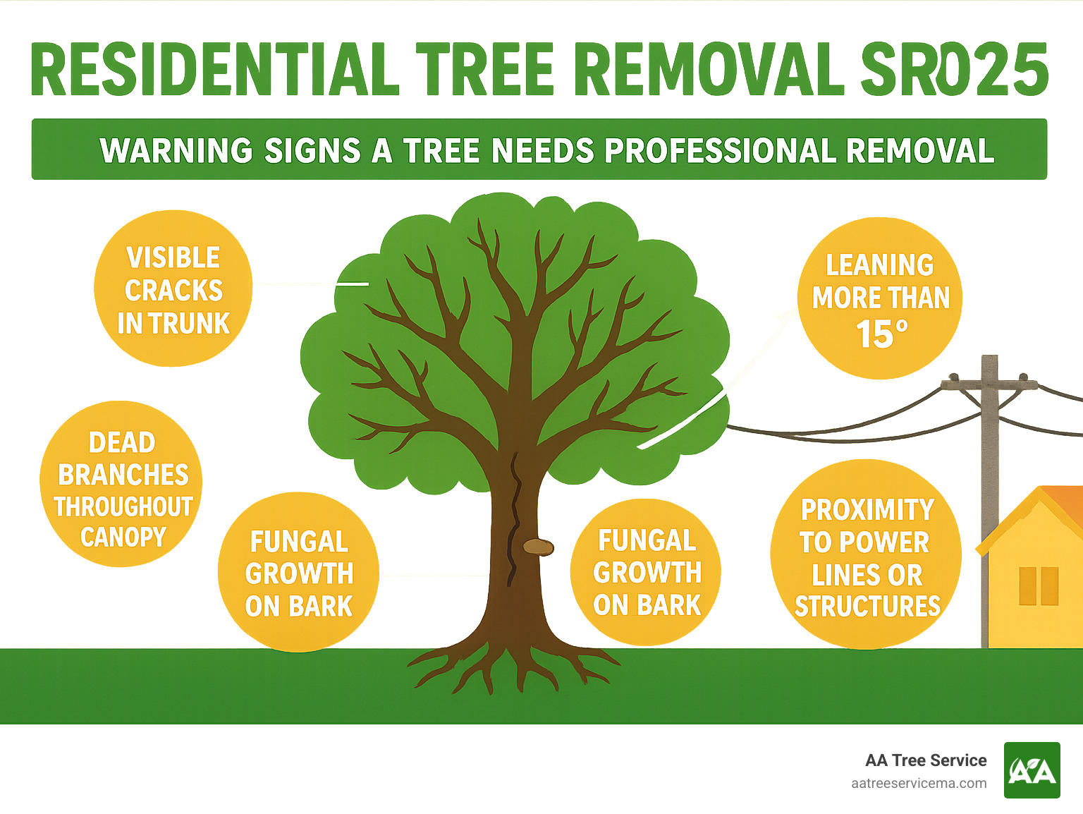 Infographic showing warning signs that indicate a tree needs professional removal: visible cracks in trunk, dead branches throughout canopy, leaning more than 15 degrees, root damage around base, fungal growth on bark, and proximity to power lines or structures - Residential tree removal services infographic Infographic showing warning signs that indicate a tree needs professional removal: visible cracks in trunk, dead branches throughout canopy, leaning more than 15 degrees, root damage around base, fungal growth on bark, and proximity to power lines or structures - Residential tree removal services infographic