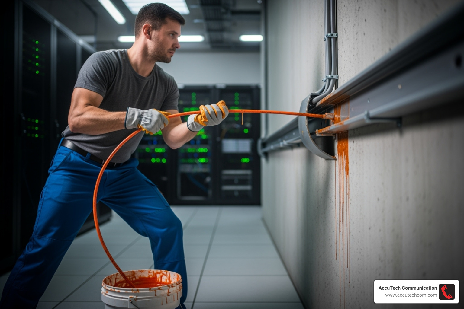 technician pulling lubricated cable - flexible conduit for network cable