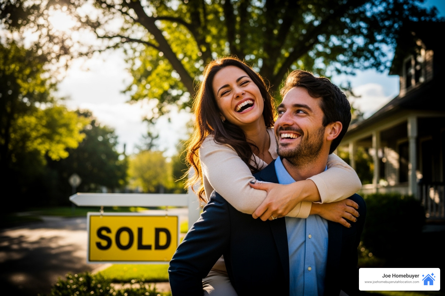 couple looking relieved and happy after selling their home - cash house buyers Utah