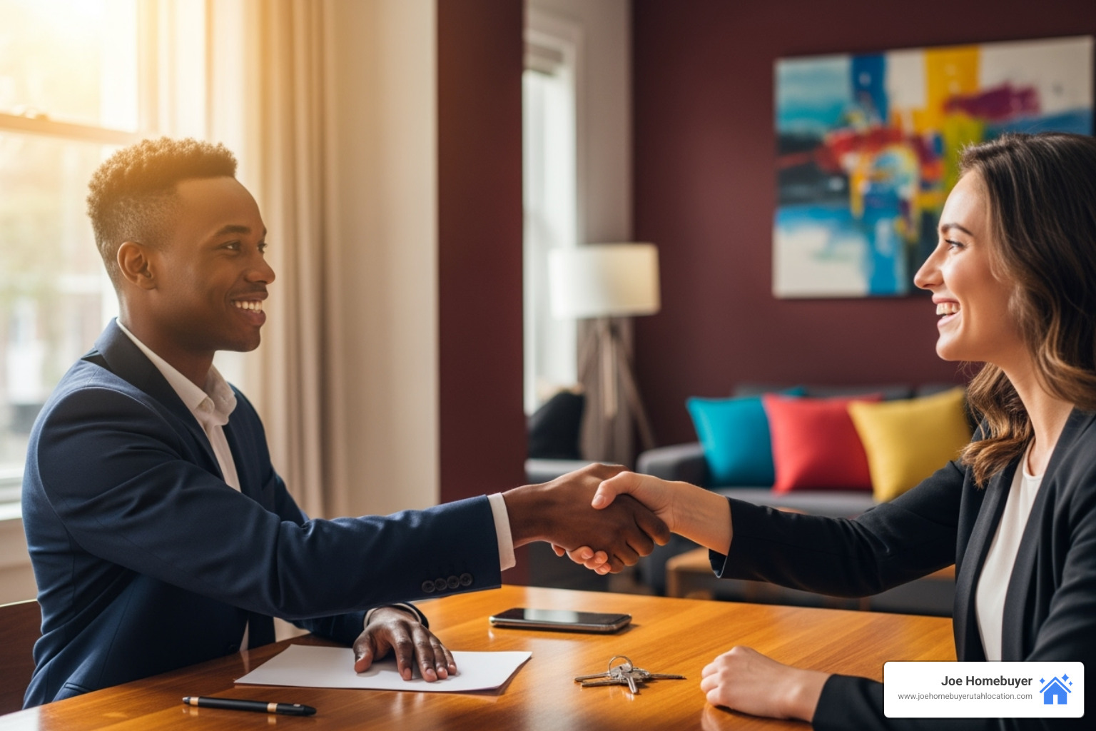 person shaking hands with a home buyer in a friendly, professional setting - cash house buyers Utah