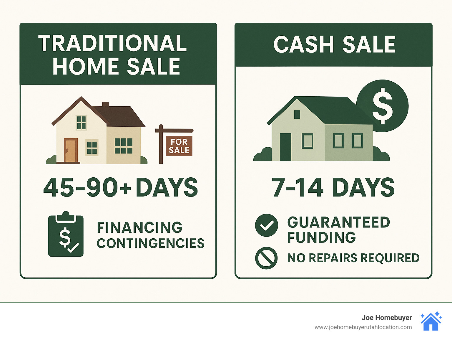 Infographic showing traditional home sales taking 45-90+ days with financing contingencies versus cash sales closing in 7-14 days with guaranteed funding and no repairs required - cash house buyers Utah infographic 