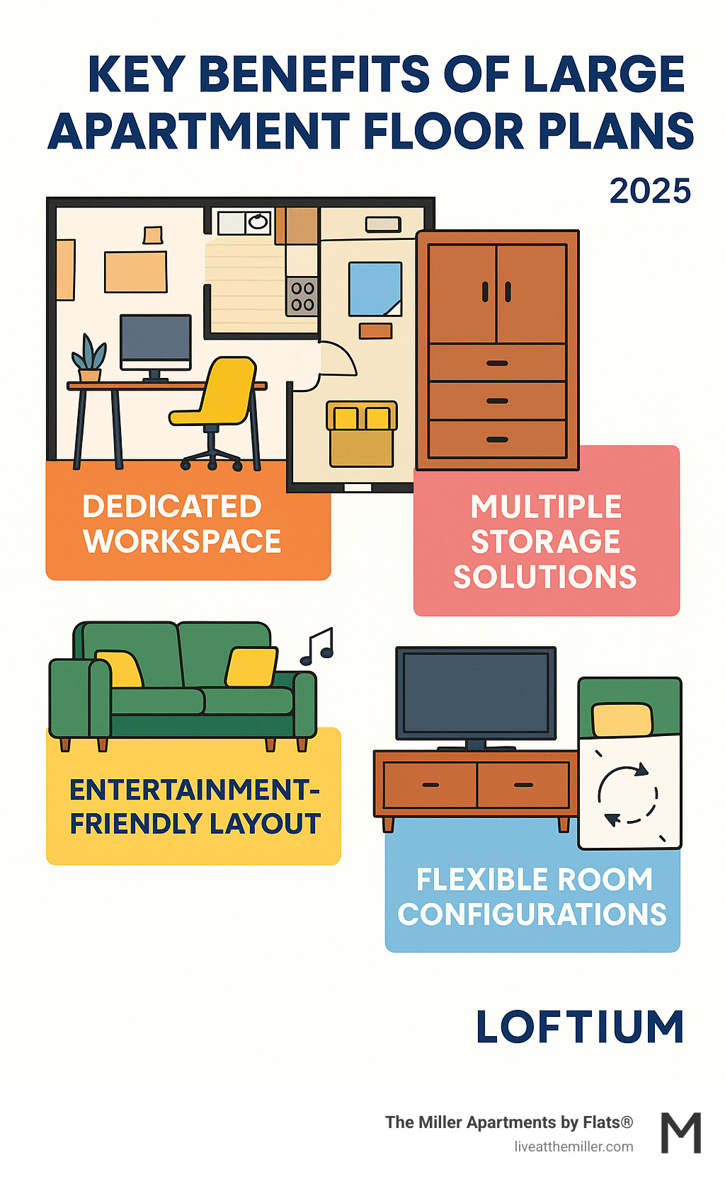 Infographic showing the key benefits of large apartment floor plans including dedicated workspace areas, multiple storage solutions, entertainment-friendly layouts, and flexible room configurations that adapt to different lifestyle needs - big apartment floor plan infographic 