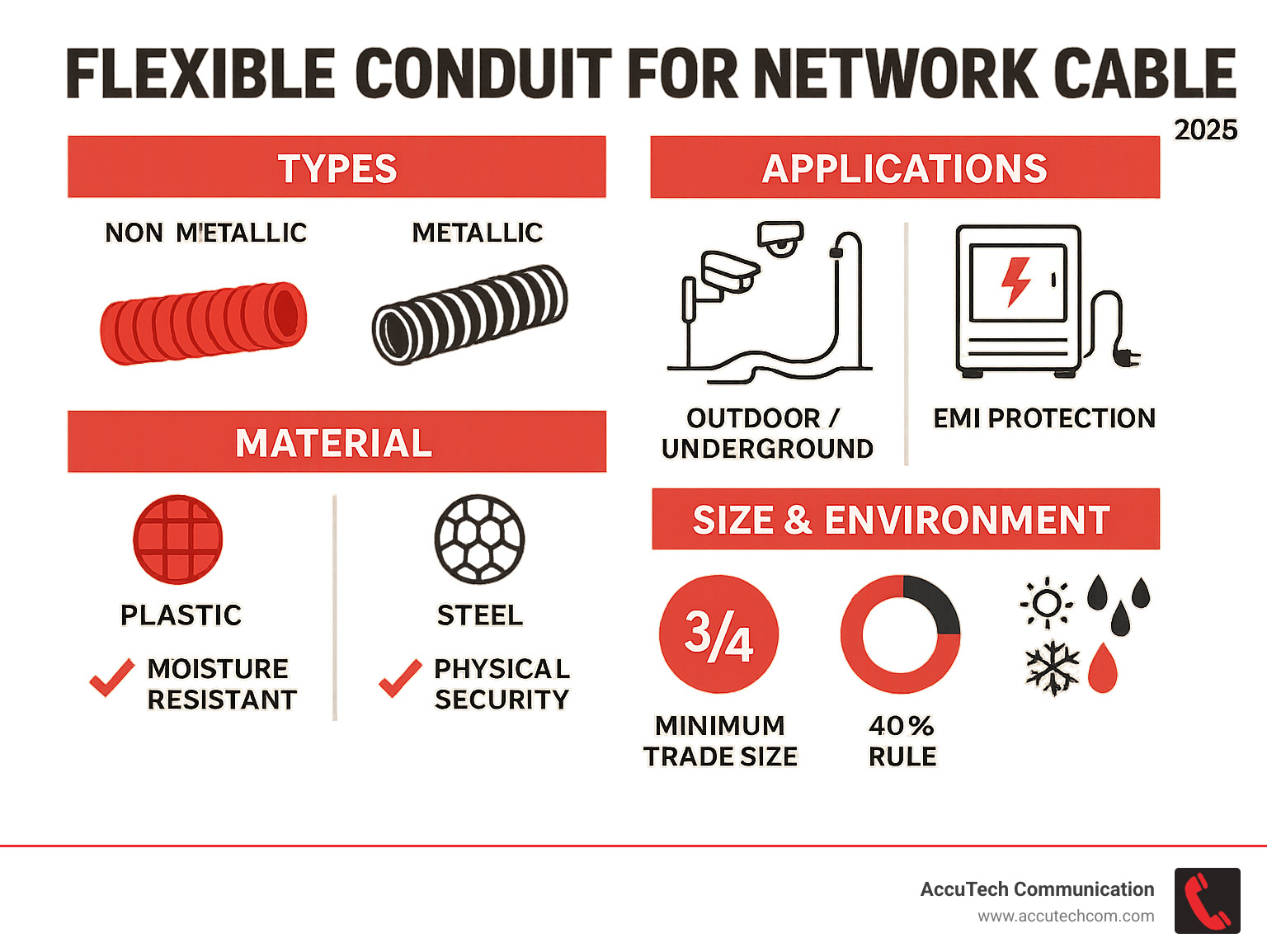 Comprehensive comparison chart showing flexible conduit types, applications, and selection criteria for network cable installations including material properties, sizing guidelines, and environmental considerations - flexible conduit for network cable infographic 