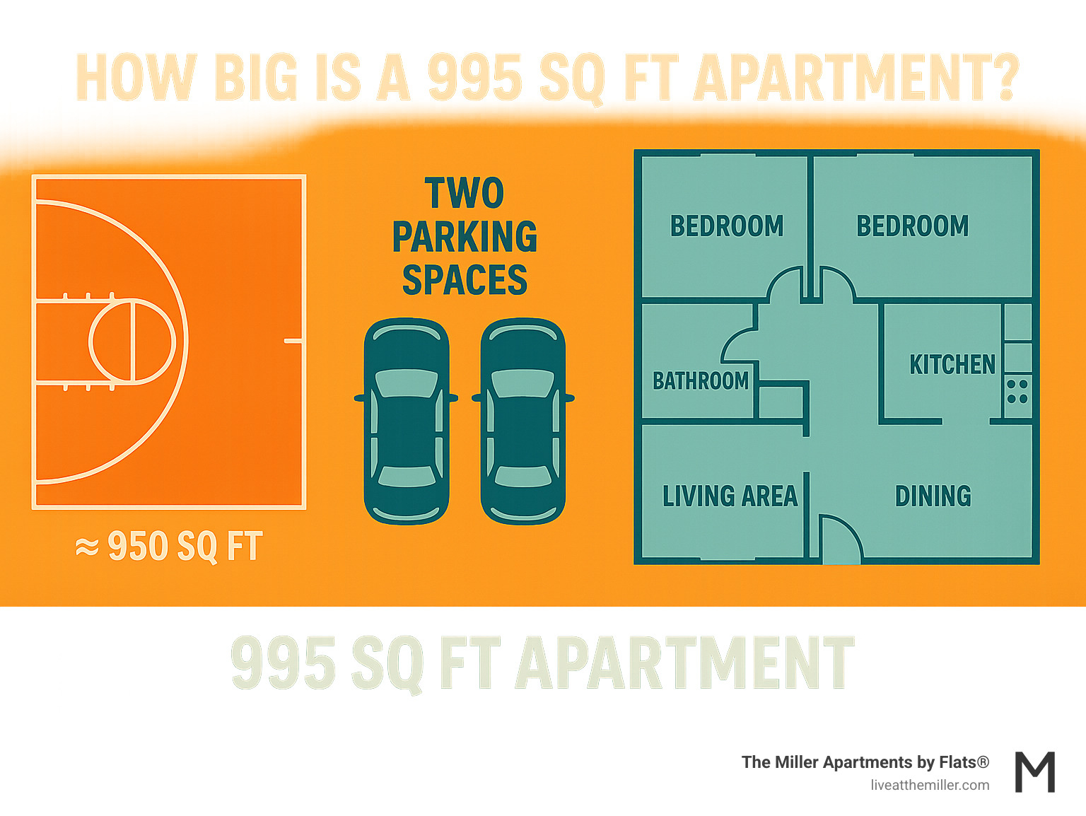 Infographic showing 995 sq ft apartment comparison to NBA basketball court area, two standard parking spaces, and typical room breakdown with 2 bedrooms, 2 bathrooms, kitchen, living area, and dining space - how big is a 995 sq ft apartment floor plan infographic 