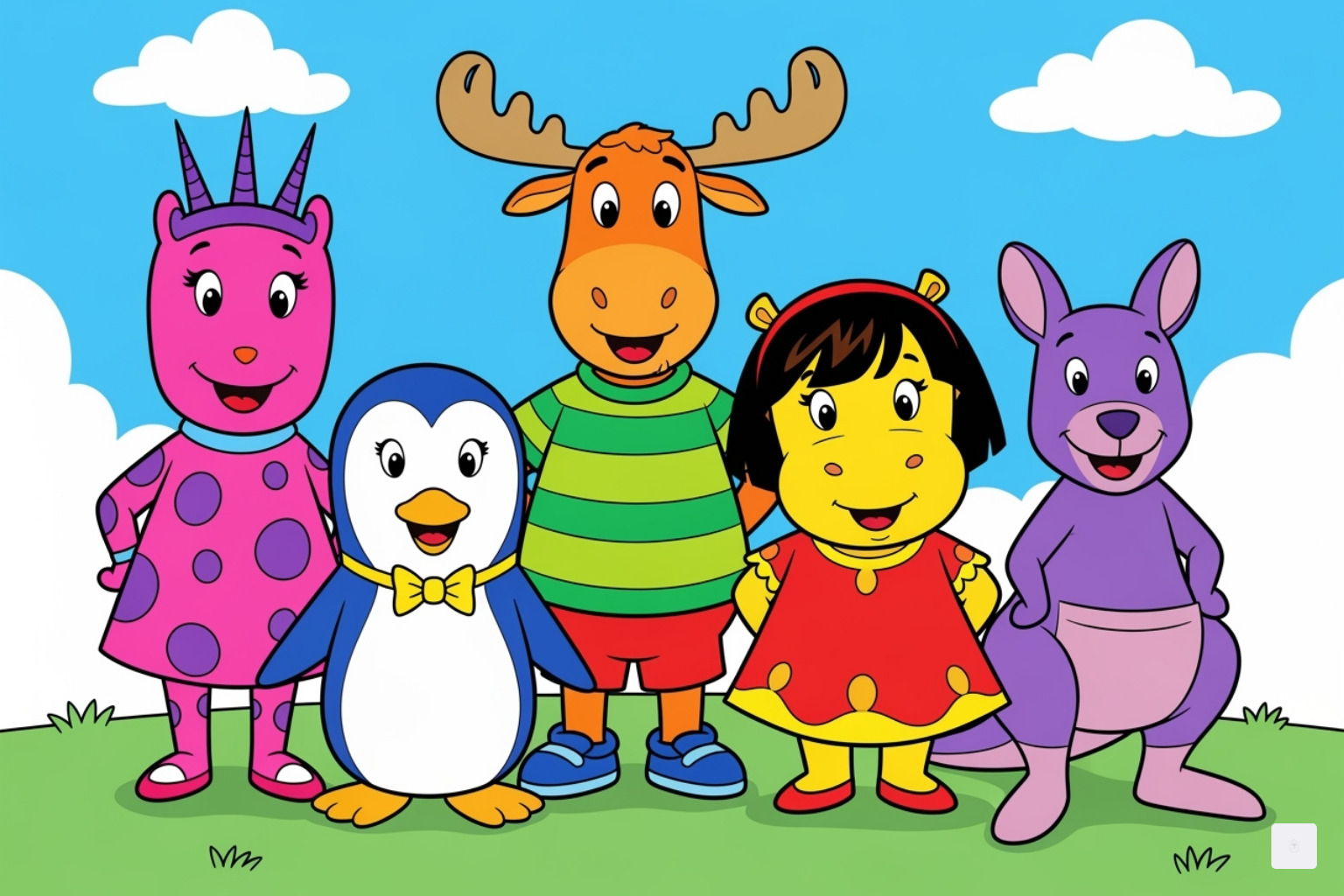 The five main Backyardigans characters (Uniqua, Pablo, Tyrone, Tasha, Austin) with their names labeled - backyardigans