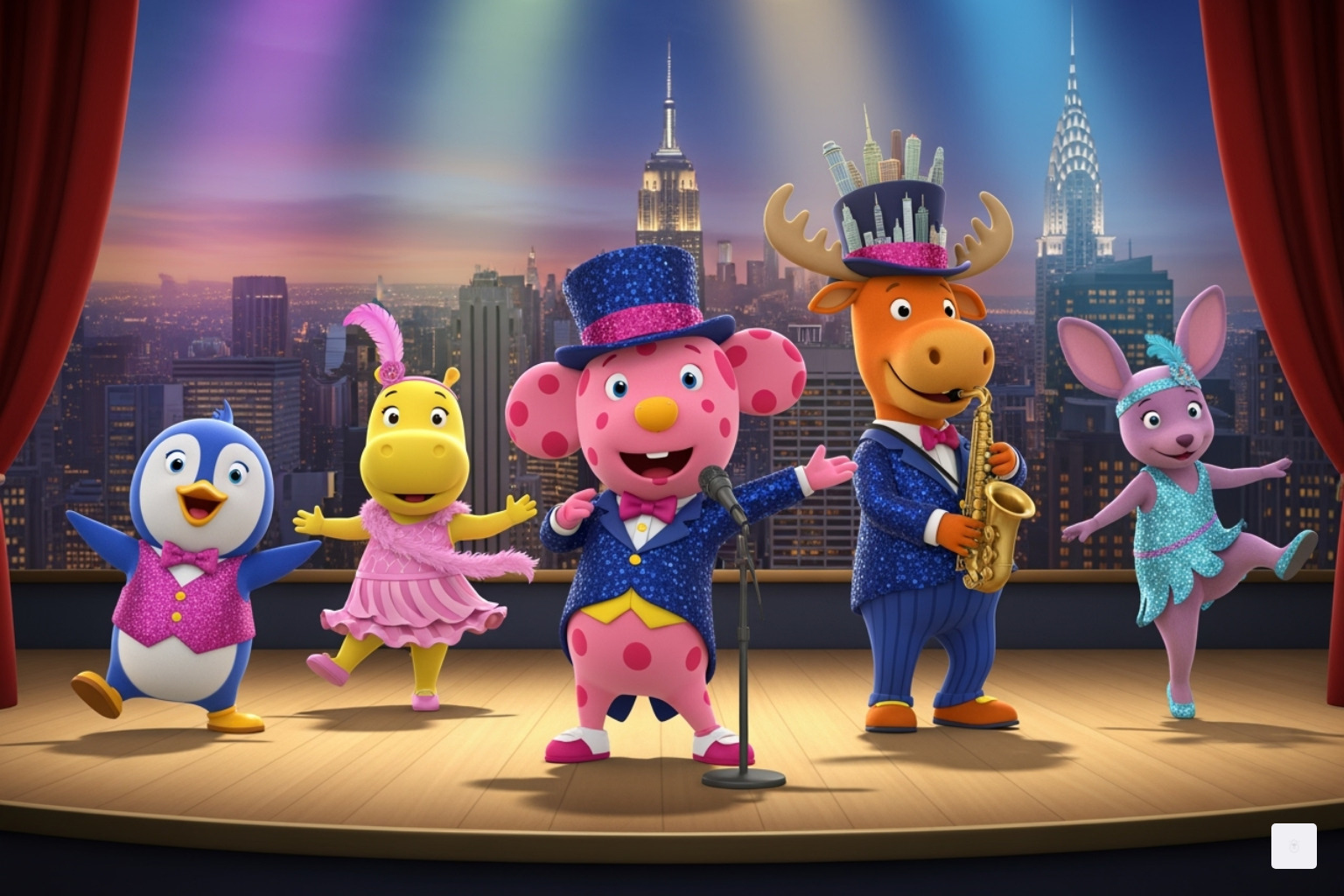 The Backyardigans characters in Broadway-style costumes, performing on a stage with a New York City skyline backdrop - backyardigans
