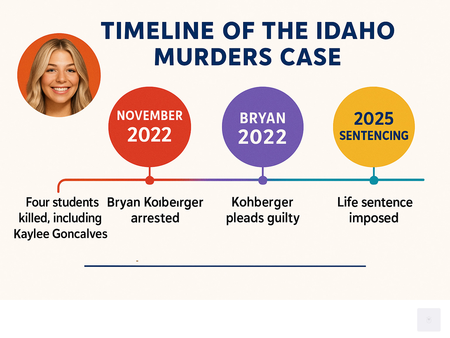 Infographic explaining a timeline of the Idaho murders case from November 2022 to the 2025 sentencing - Kaylee Goncalves infographic 