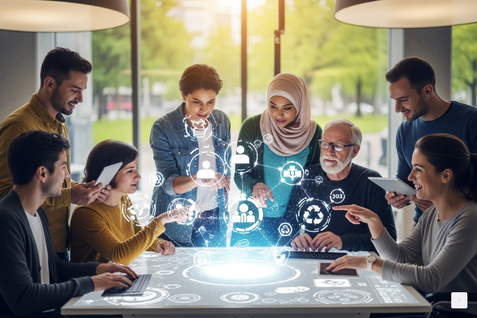 A diverse group of people, representing volunteers, collaborating around a central digital hub, symbolizing community effort and shared passion for a cause - ao3